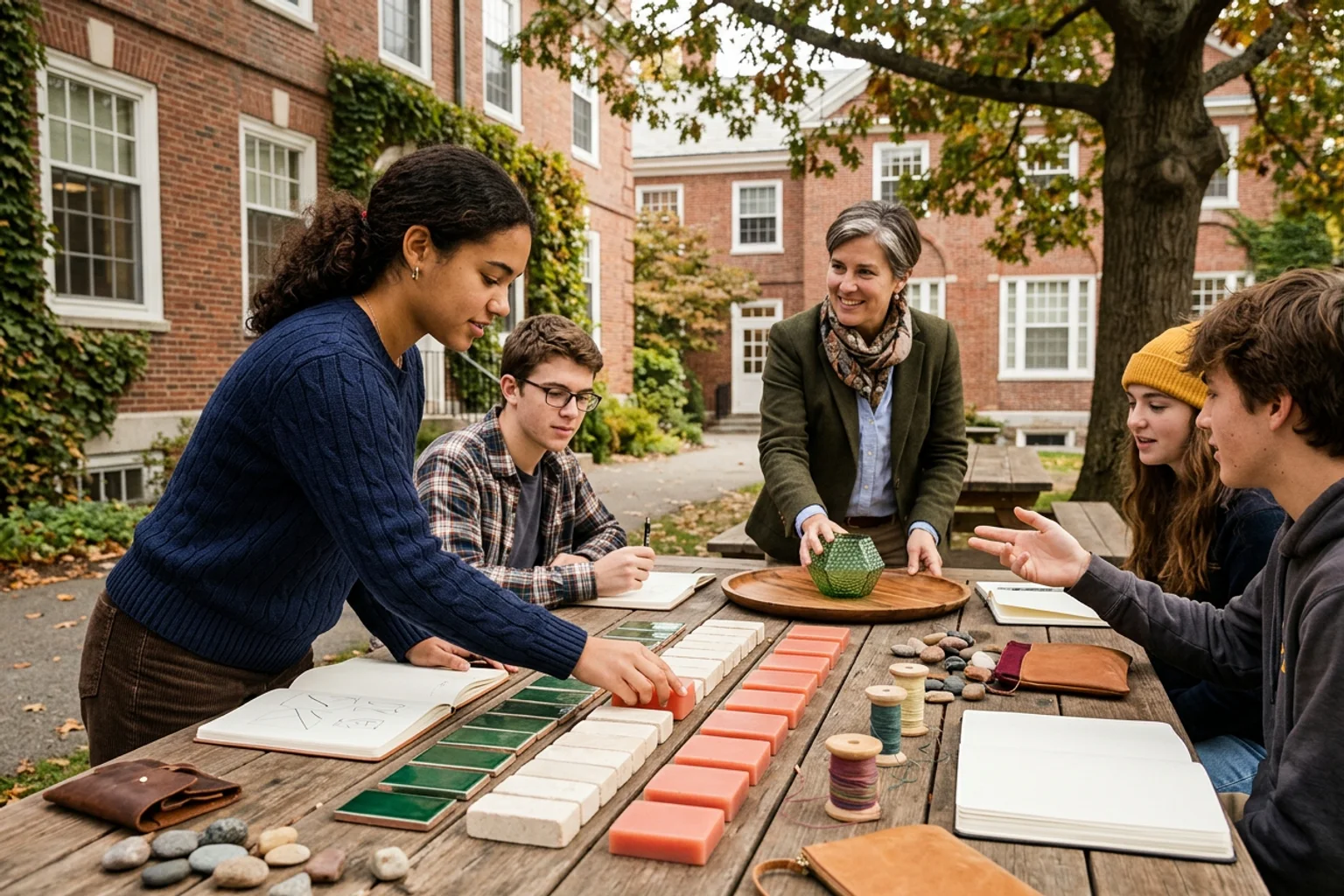 A wide ACT planning scene for Brown using three core-section lanes, an optional science object, a physical score band, and diverse American high school students in a natural academic setting; no visible text
