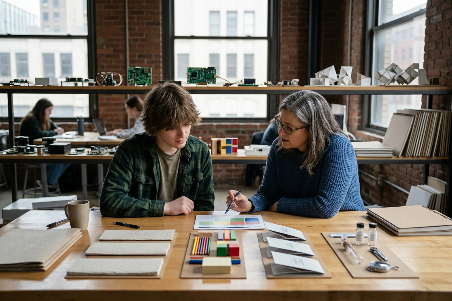 A wide ACT planning scene for Carnegie Mellon using three core-section lanes, an optional science object, a physical score band, and diverse American high school students in a natural academic setting; no visible text