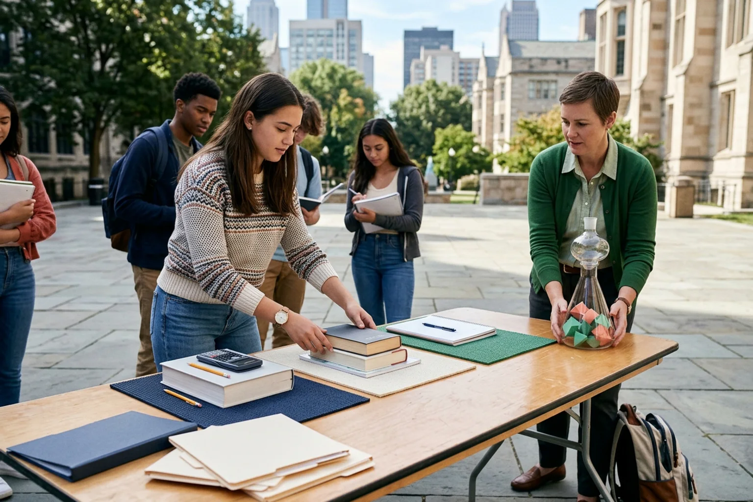 A wide ACT planning scene for Columbia using three core-section lanes, an optional science object, a physical score band, and diverse American high school students in a natural academic setting; no visible text