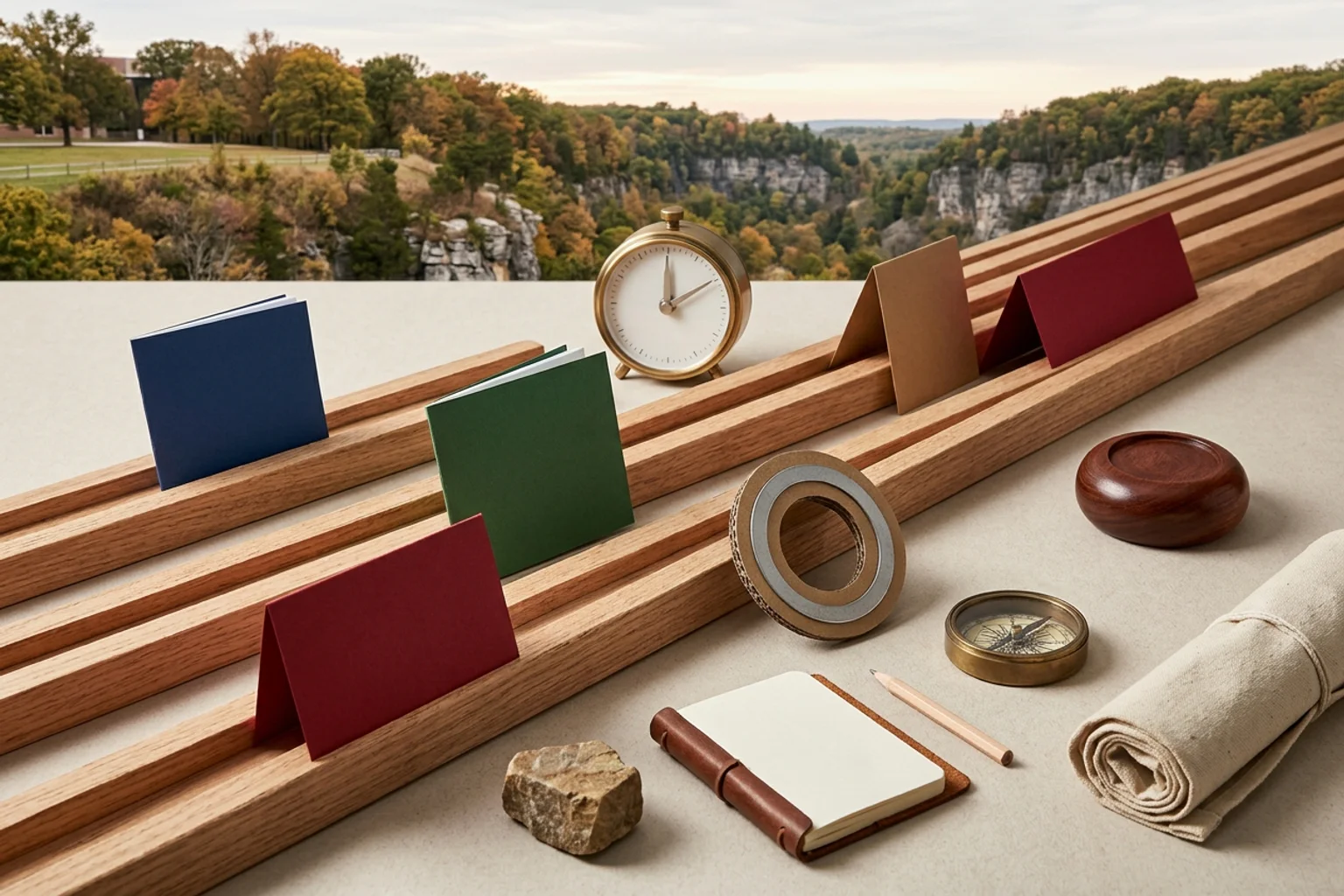 A wide ACT planning scene for Cornell using three core-section lanes, an optional science object, a physical score band, and diverse American high school students in a natural academic setting; no visible text