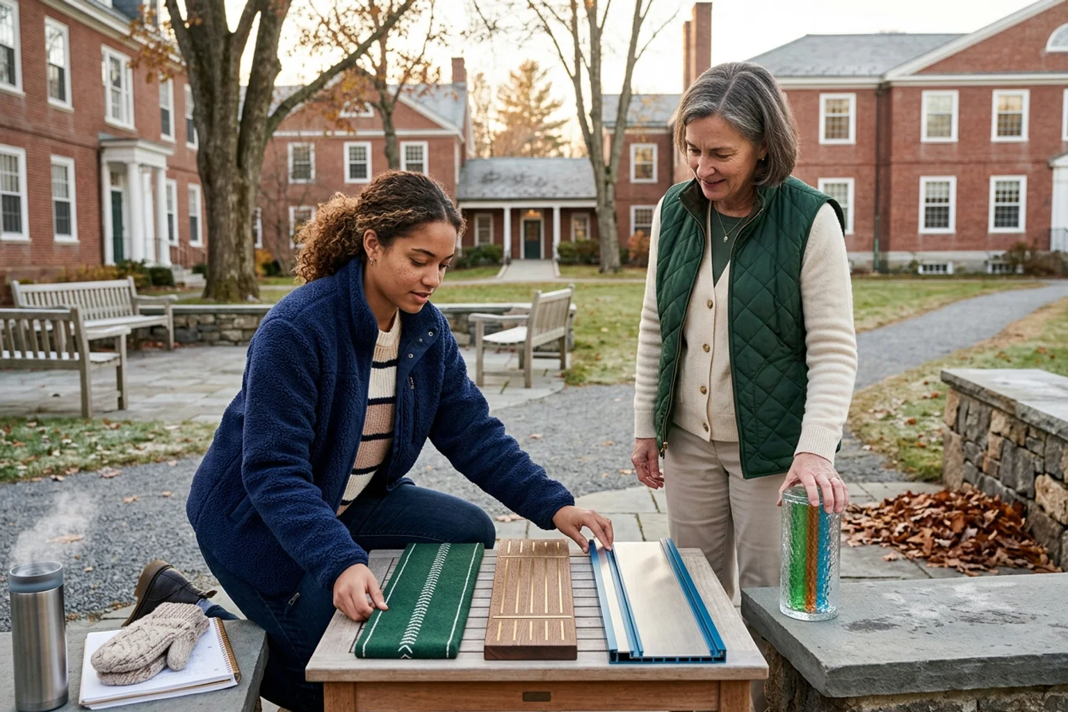 A wide ACT planning scene for Dartmouth using three core-section lanes, an optional science object, a physical score band, and diverse American high school students in a natural academic setting; no visible text