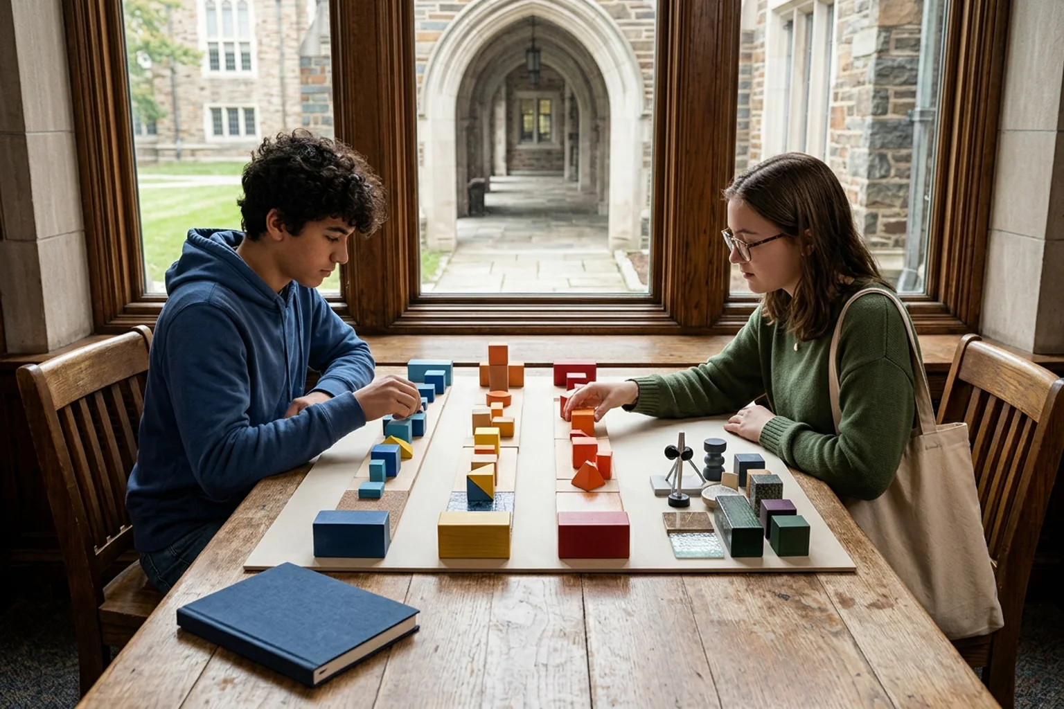 A wide ACT planning scene for Duke using three core-section lanes, an optional science object, a physical score band, and diverse American high school students in a natural academic setting; no visible text