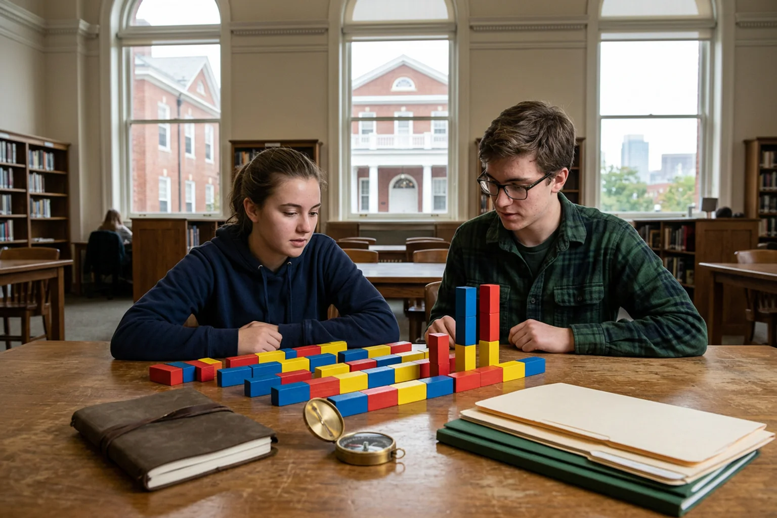 A wide ACT planning scene for Georgetown using three core-section lanes, an optional science object, a physical score band, and diverse American high school students in a natural academic setting; no visible text