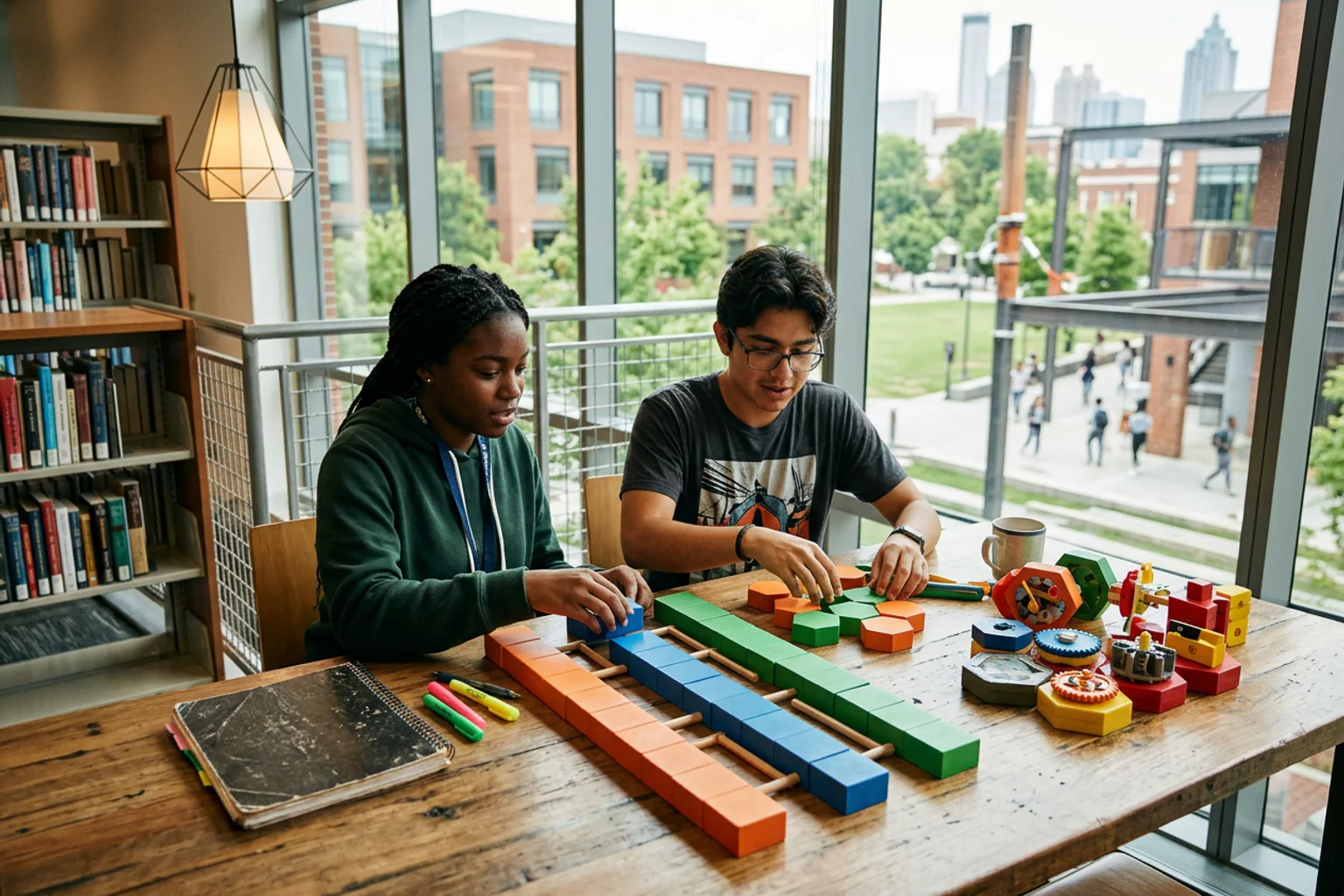 A wide ACT planning scene for Georgia Tech using three core-section lanes, an optional science object, a physical score band, and diverse American high school students in a natural academic setting; no visible text