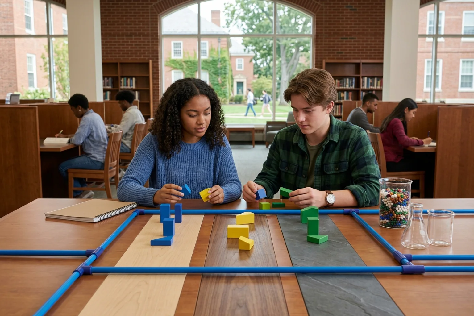 A wide ACT planning scene for Johns Hopkins using three core-section lanes, an optional science object, a physical score band, and diverse American high school students in a natural academic setting; no visible text