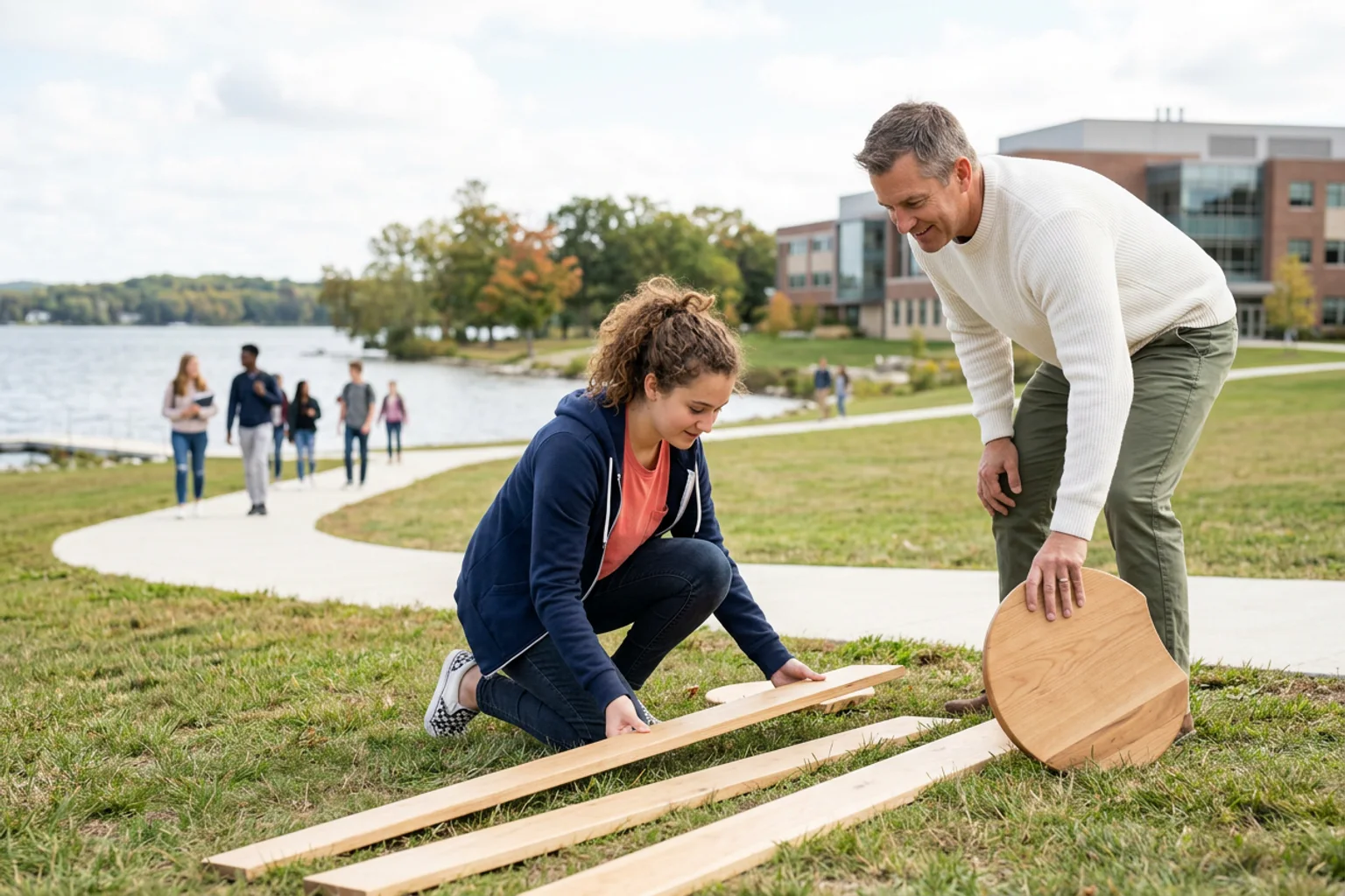 A wide ACT planning scene for Northwestern using three core-section lanes, an optional science object, a physical score band, and diverse American high school students in a natural academic setting; no visible text