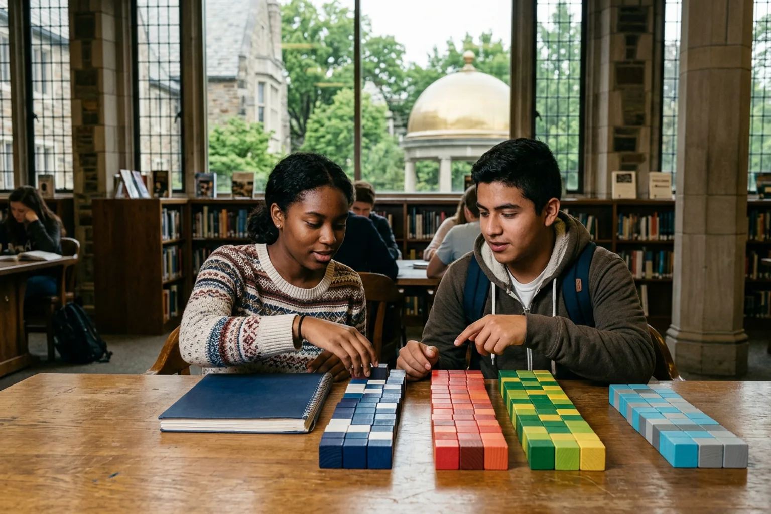 A wide ACT planning scene for Notre Dame using three core-section lanes, an optional science object, a physical score band, and diverse American high school students in a natural academic setting; no visible text