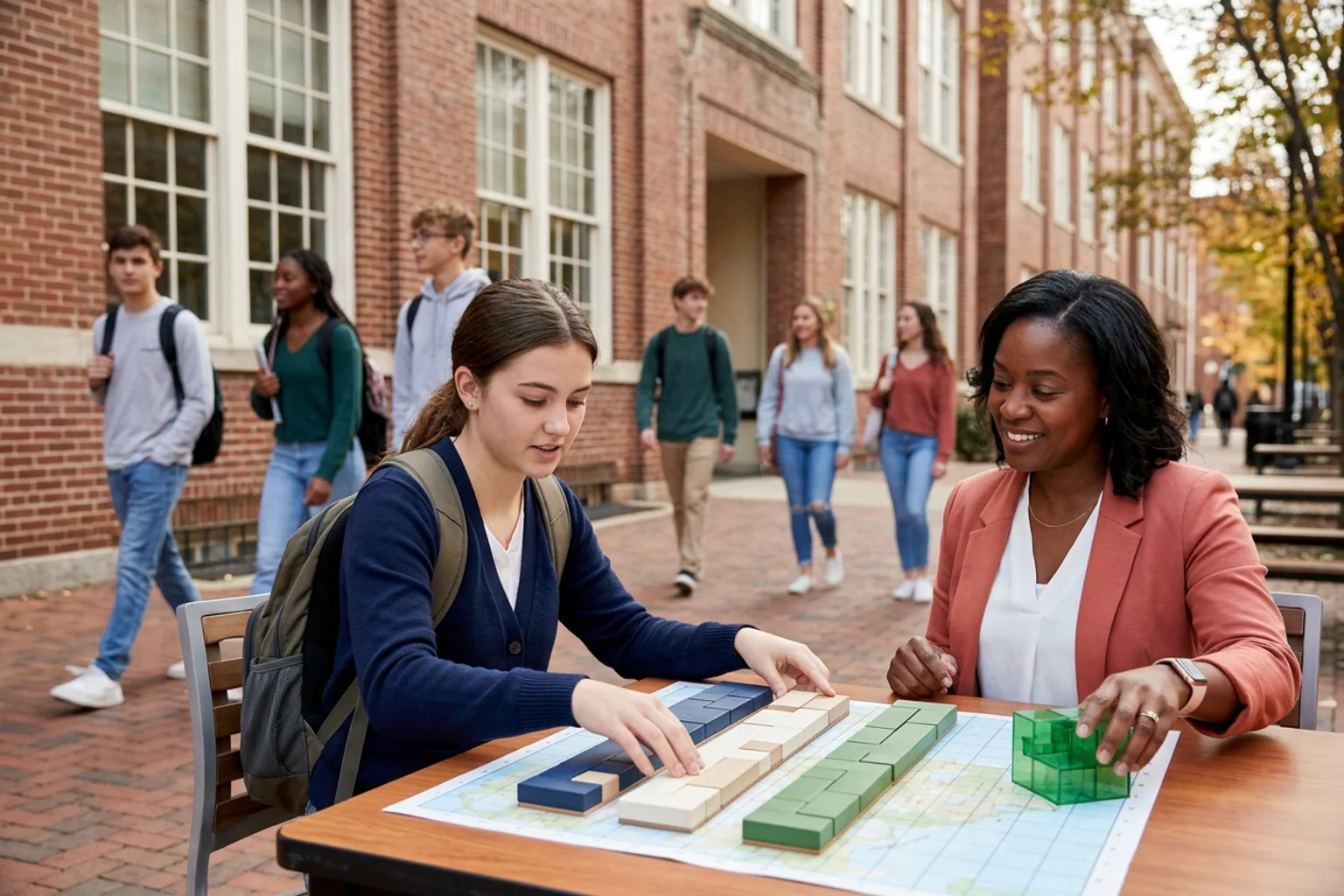 A wide ACT planning scene for Penn using three core-section lanes, an optional science object, a physical score band, and diverse American high school students in a natural academic setting; no visible text
