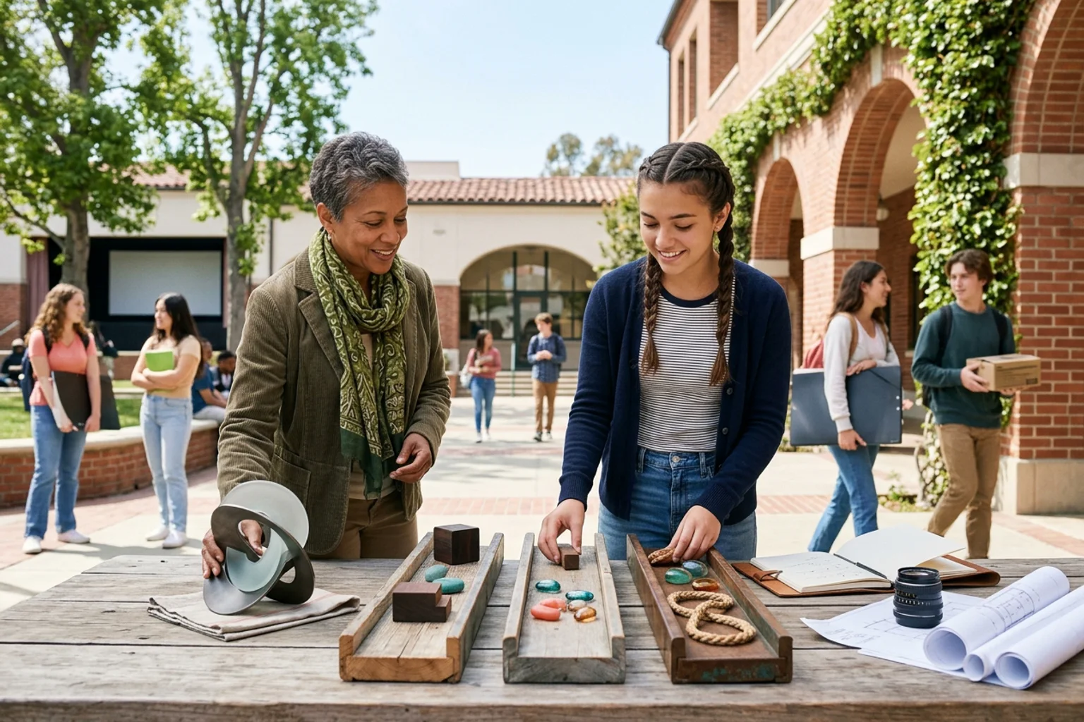 A wide ACT planning scene for USC using three core-section lanes, an optional science object, a physical score band, and diverse American high school students in a natural academic setting; no visible text