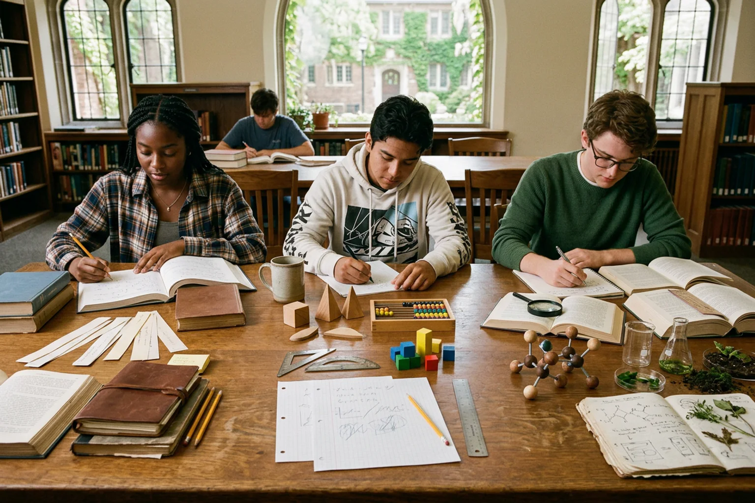 A wide ACT planning scene for Vanderbilt using three core-section lanes, an optional science object, a physical score band, and diverse American high school students in a natural academic setting; no visible text