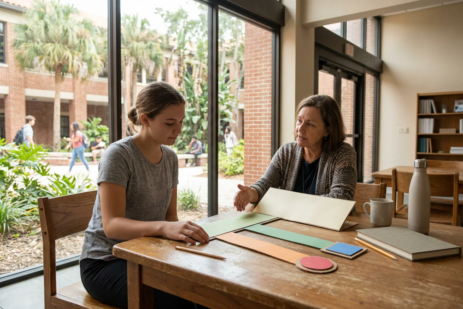 A wide University of Florida SAT planning scene with a physical score interval, two section routes, program-preparation objects, and an American high school student working with a counselor; no logos or visible text