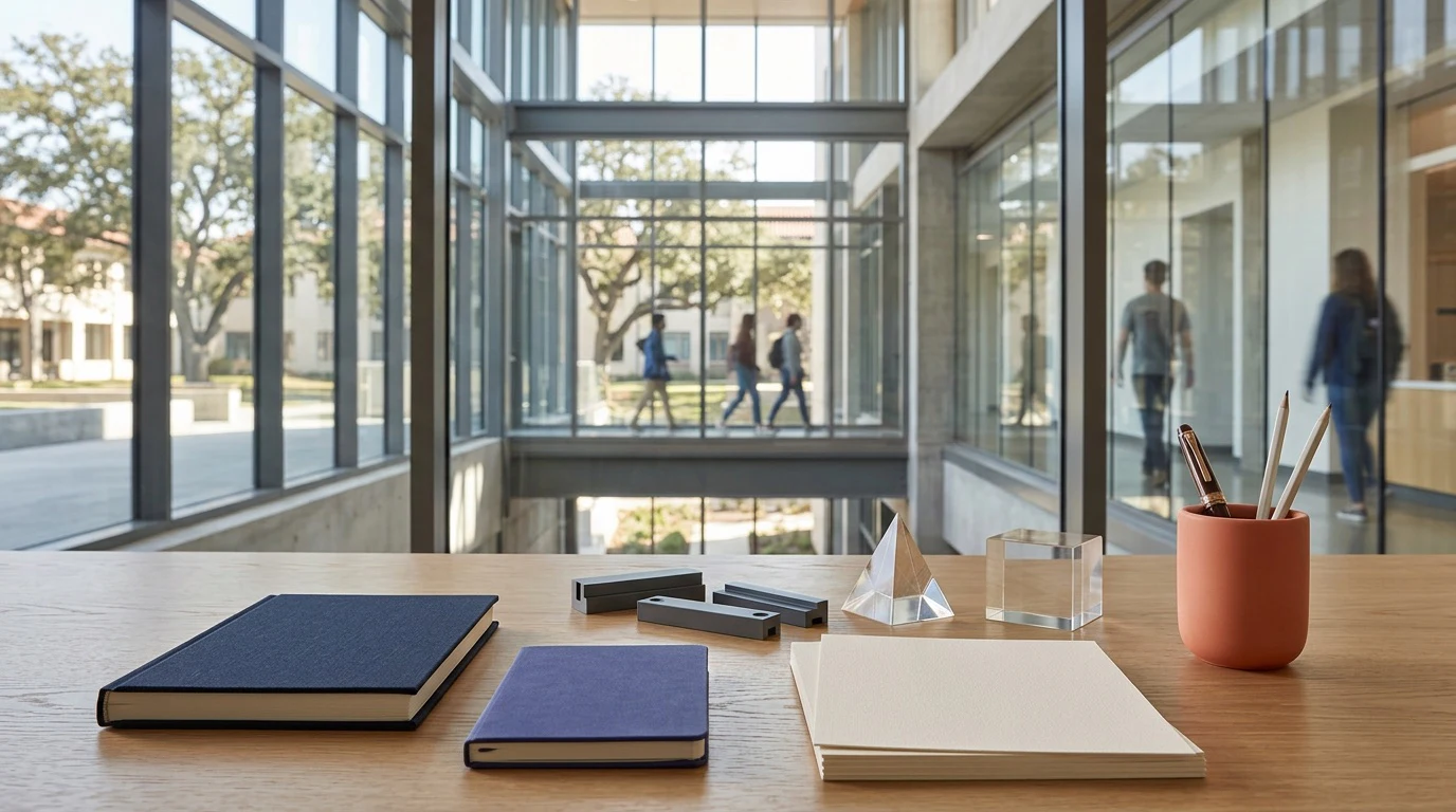 Modern research-campus setting with an SAT target-planning notebook in the foreground