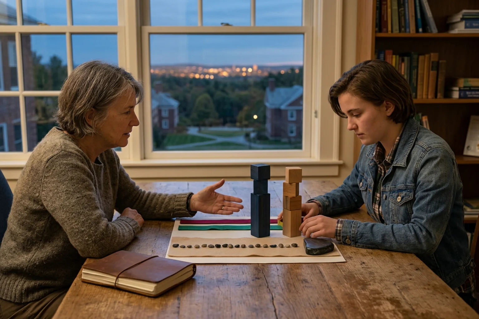 A wide Tufts SAT planning scene with a physical score interval, two section routes, program-preparation objects, and an American high school student working with a counselor; no logos or visible text