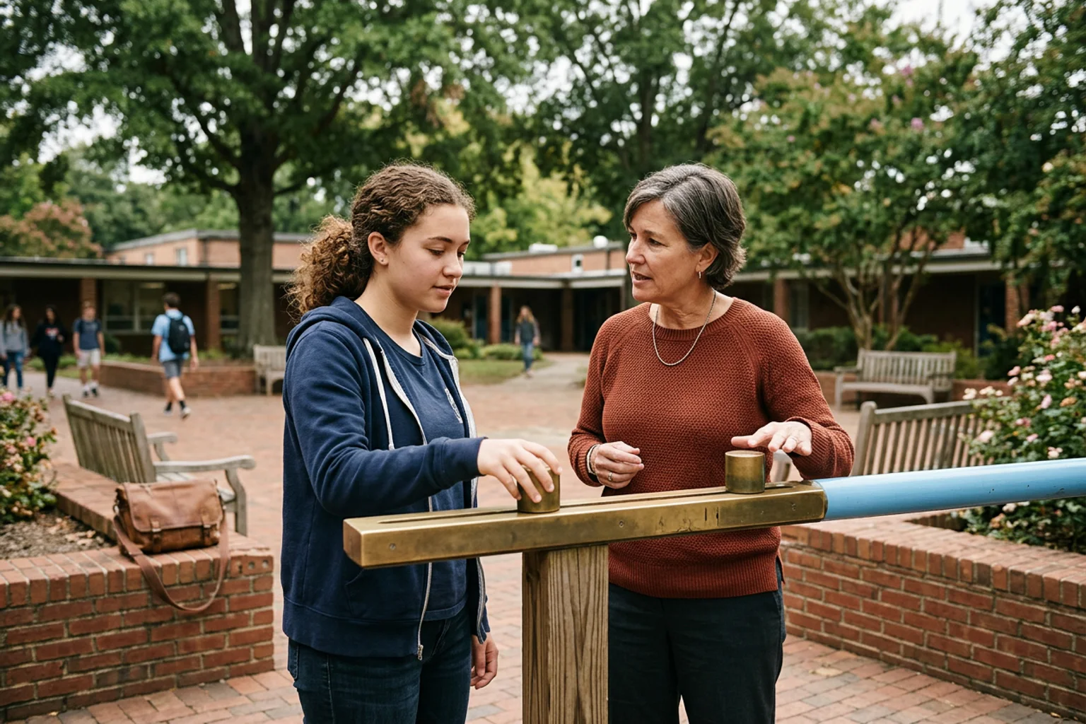 A wide UNC–Chapel Hill SAT planning scene with a physical score interval, two section routes, program-preparation objects, and an American high school student working with a counselor; no logos or visible text
