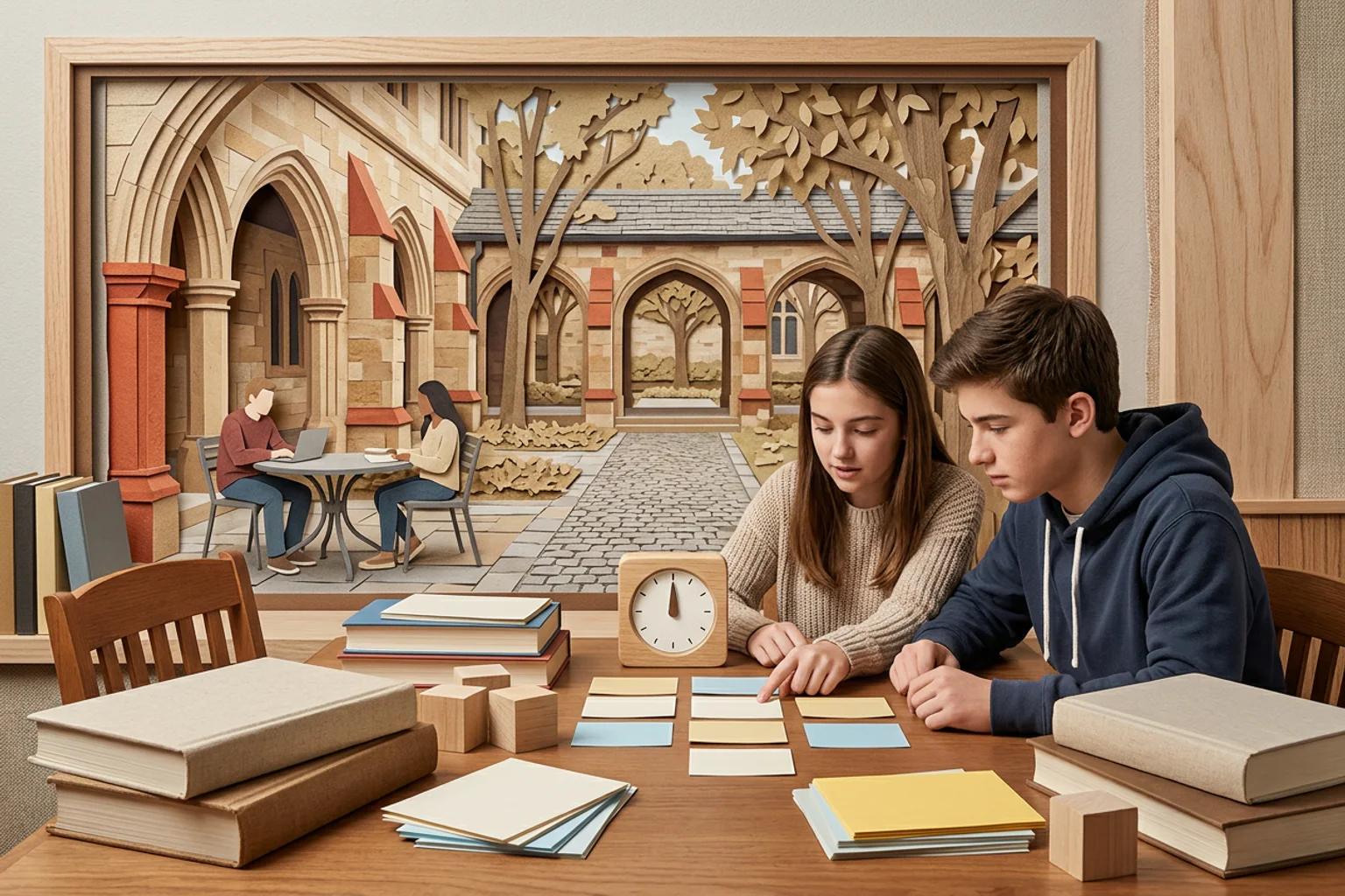 A wide WashU SAT planning scene with a physical score interval, two section routes, program-preparation objects, and an American high school student working with a counselor; no logos or visible text