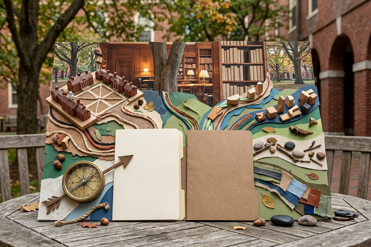A wide editorial admissions-planning scene for Harvard using a campus-context model, separate policy folders, score-route objects, and an American high school counselor conversation without logos or visible text