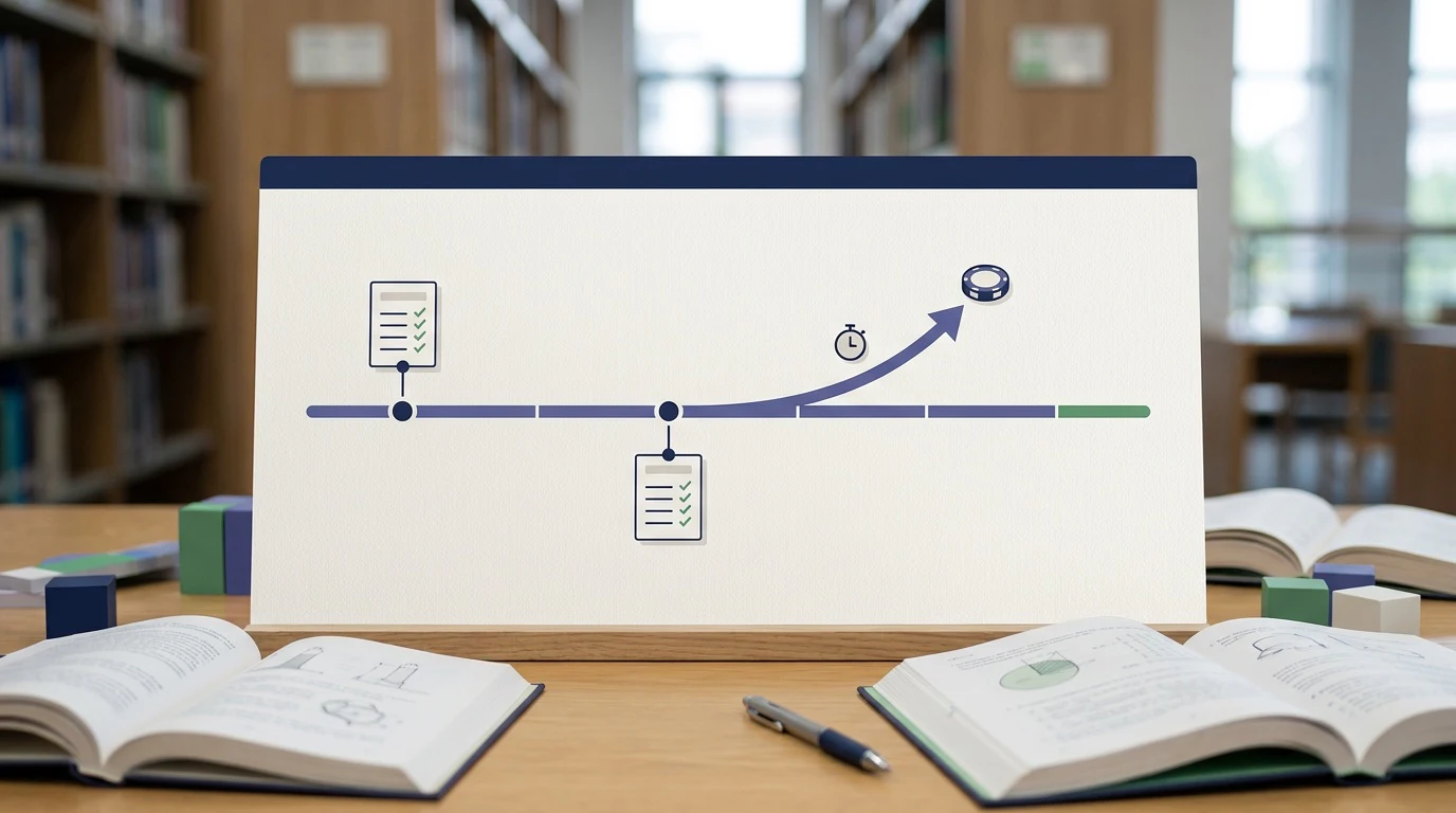 An ACT study timeline: a concrete, page-specific visual centered on this exact topic: a horizontal timeline spanning roughly 8–12 weeks, with small milestone dots for full-length tests, a rising arrow toward a target chip, and a tiny clock symbol marking "pace"