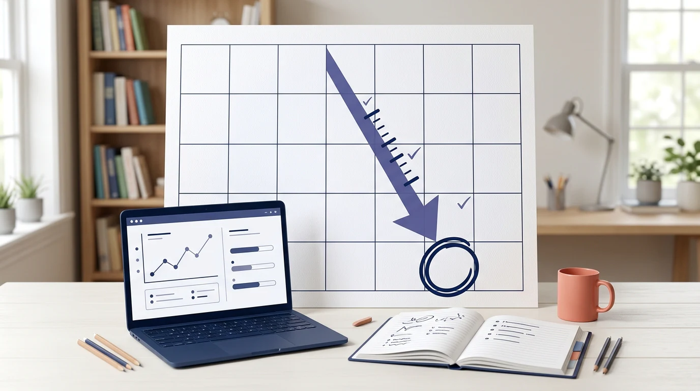 A study plan, mapped to a date: a concrete, page-specific visual centered on this exact topic: a study calendar and countdown: a tall calendar grid with a few weeks marked, a downward arrow narrowing toward a circled target date, and small ticks along the way for full-length practice tests
