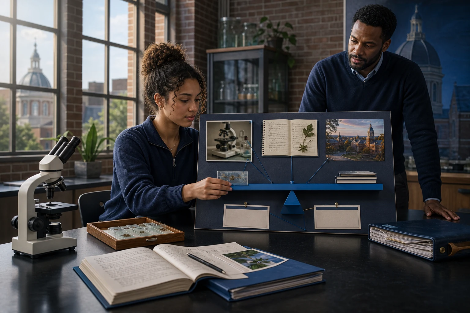 A diverse American high school student and teacher in a science lab reviewing a physical research evidence board, course folio, score cards, and a blue balance beam