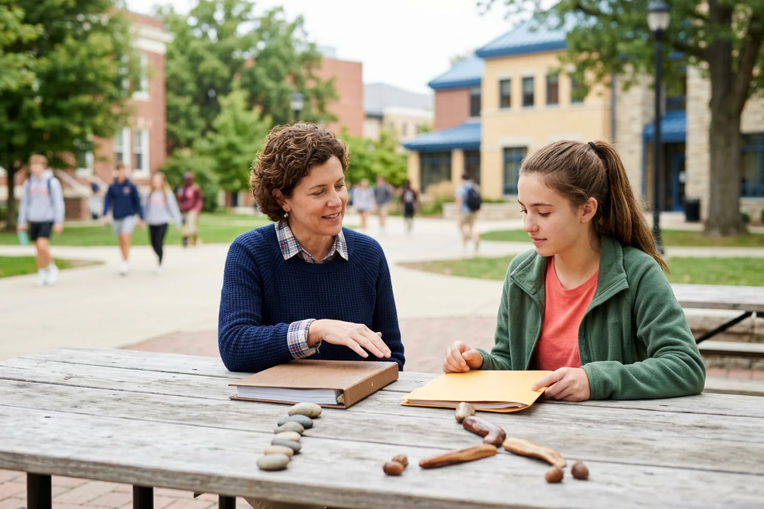 A wide editorial admissions-planning scene for University of Michigan using a campus-context model, separate policy folders, score-route objects, and an American high school counselor conversation without logos or visible text