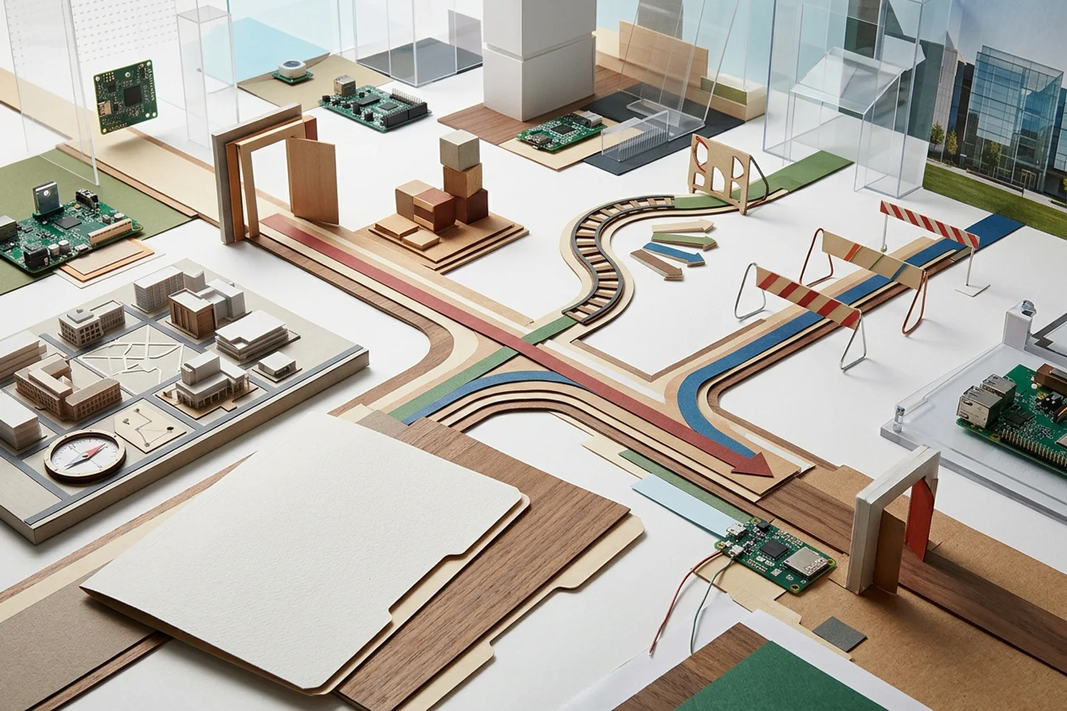 A wide editorial admissions-planning scene for MIT using a campus-context model, separate policy folders, score-route objects, and an American high school counselor conversation without logos or visible text
