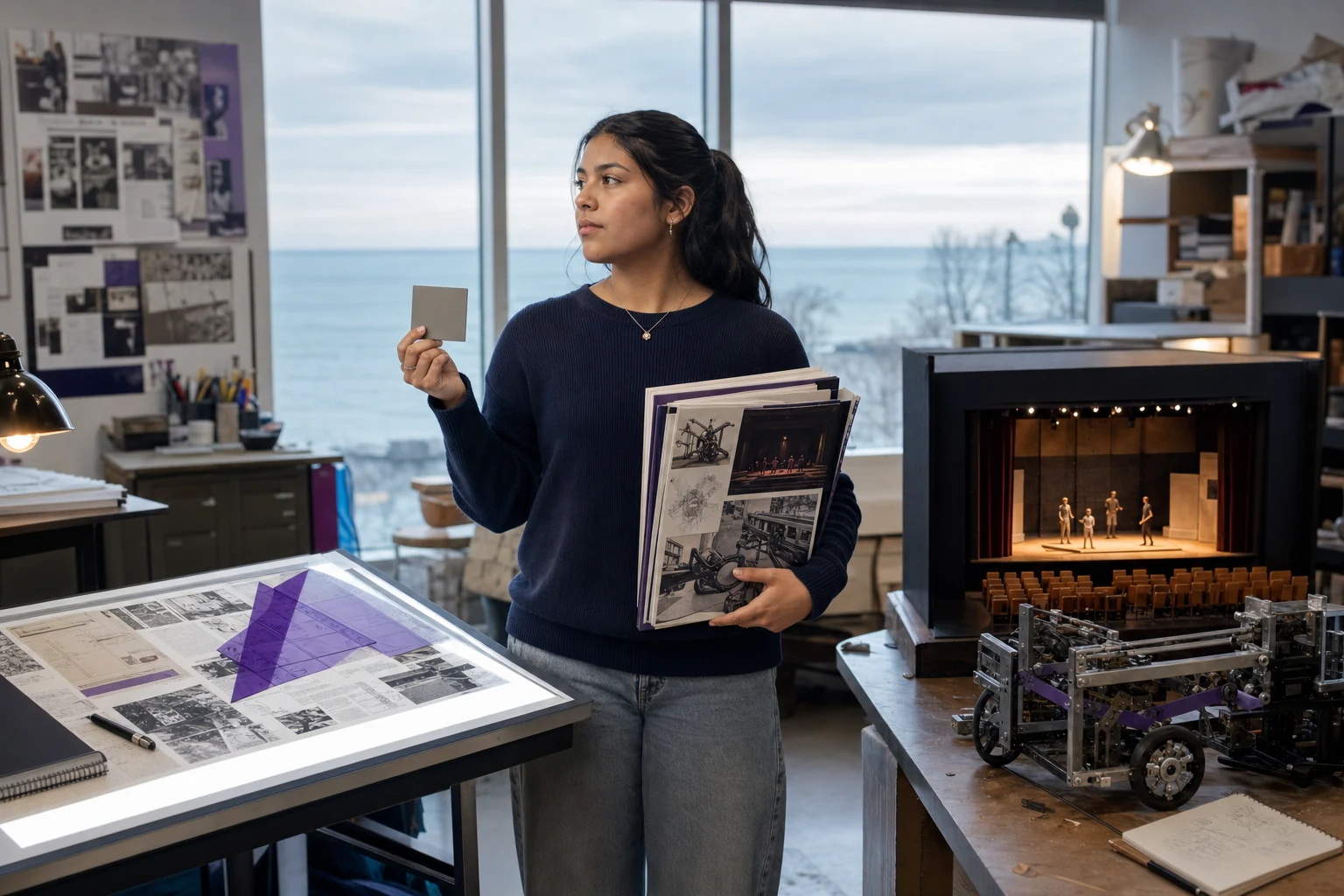 A Latina American high school senior in a lakeside interdisciplinary studio comparing a removable score card with journalism layouts, a theater model, and an engineering prototype