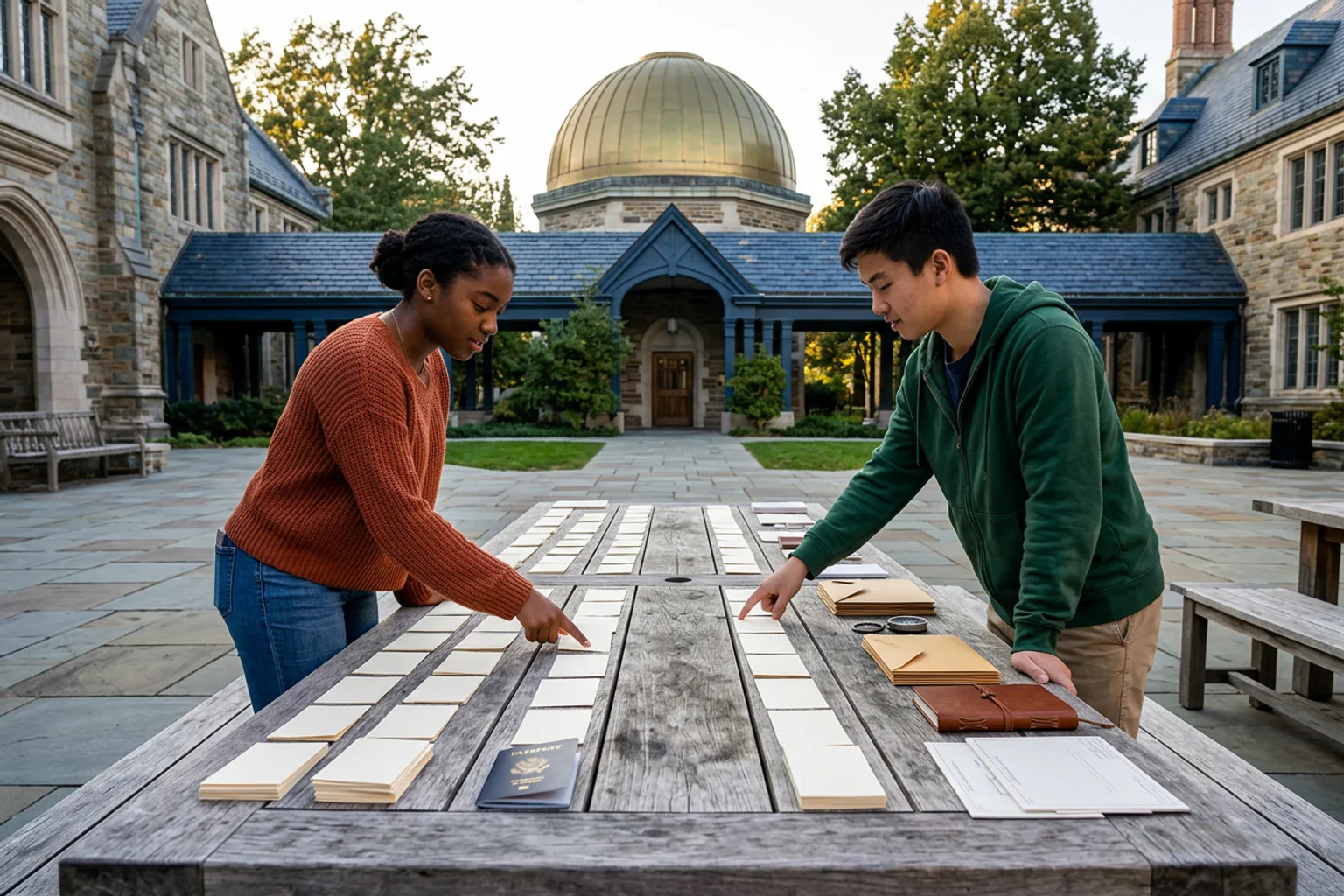 A wide editorial admissions-planning scene for Notre Dame using a campus-context model, separate policy folders, score-route objects, and an American high school counselor conversation without logos or visible text