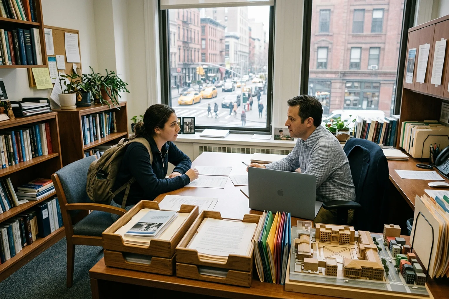 A wide editorial admissions-planning scene for NYU using a campus-context model, separate policy folders, score-route objects, and an American high school counselor conversation without logos or visible text