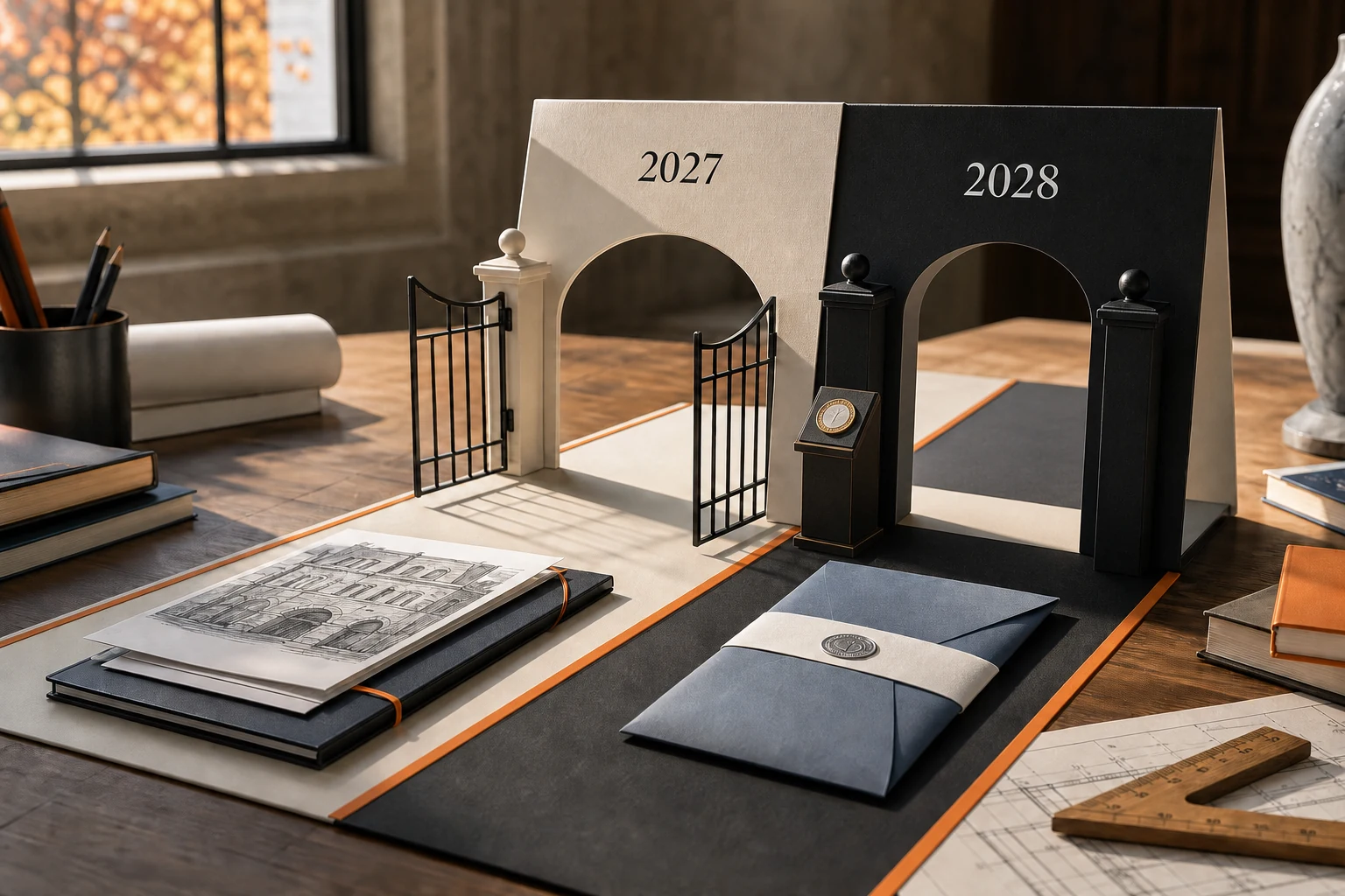 A refined admissions planning desk with a physical 2027 open optional gate and a 2028 open verification checkpoint activated by a sealed score report, shown left to right without a screen