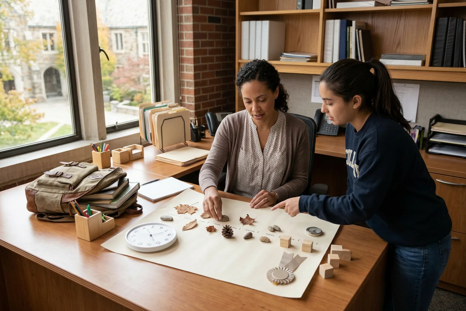A wide American high school counseling office with an October testing-window model, a digital practice station, a scholarship-route object, and two juniors planning with a counselor; no readable calendar text