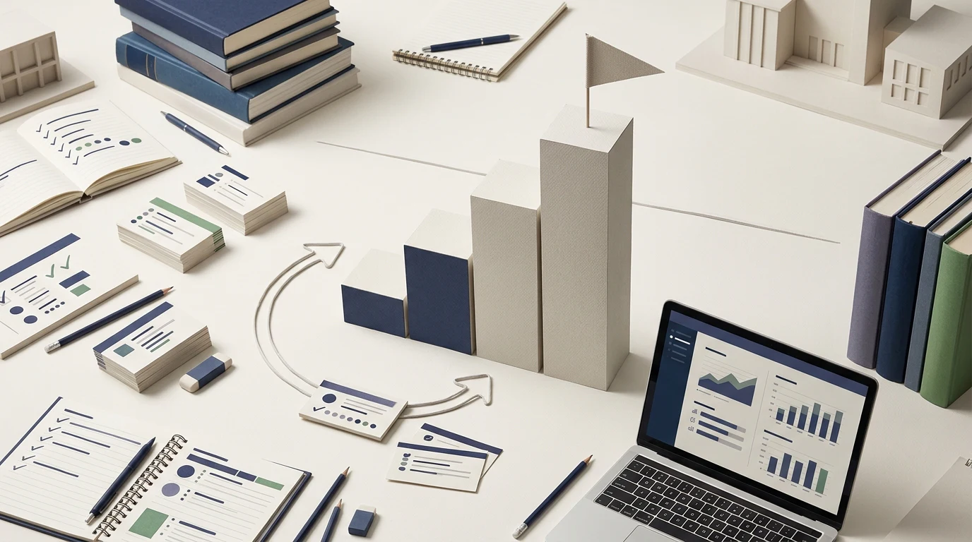 Retake, step by step: Turn this planning or scoring concept into a clear physical or editorial visual metaphor rather than a generic dashboard