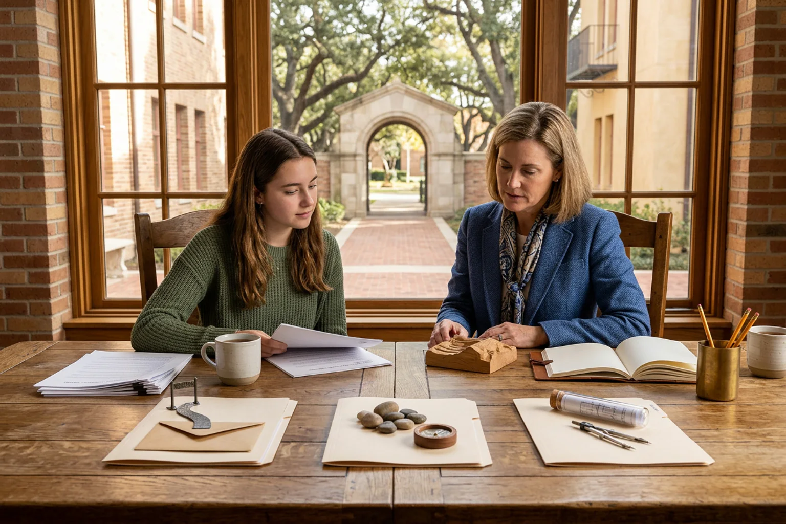 A wide editorial admissions-planning scene for Rice using a campus-context model, separate policy folders, score-route objects, and an American high school counselor conversation without logos or visible text