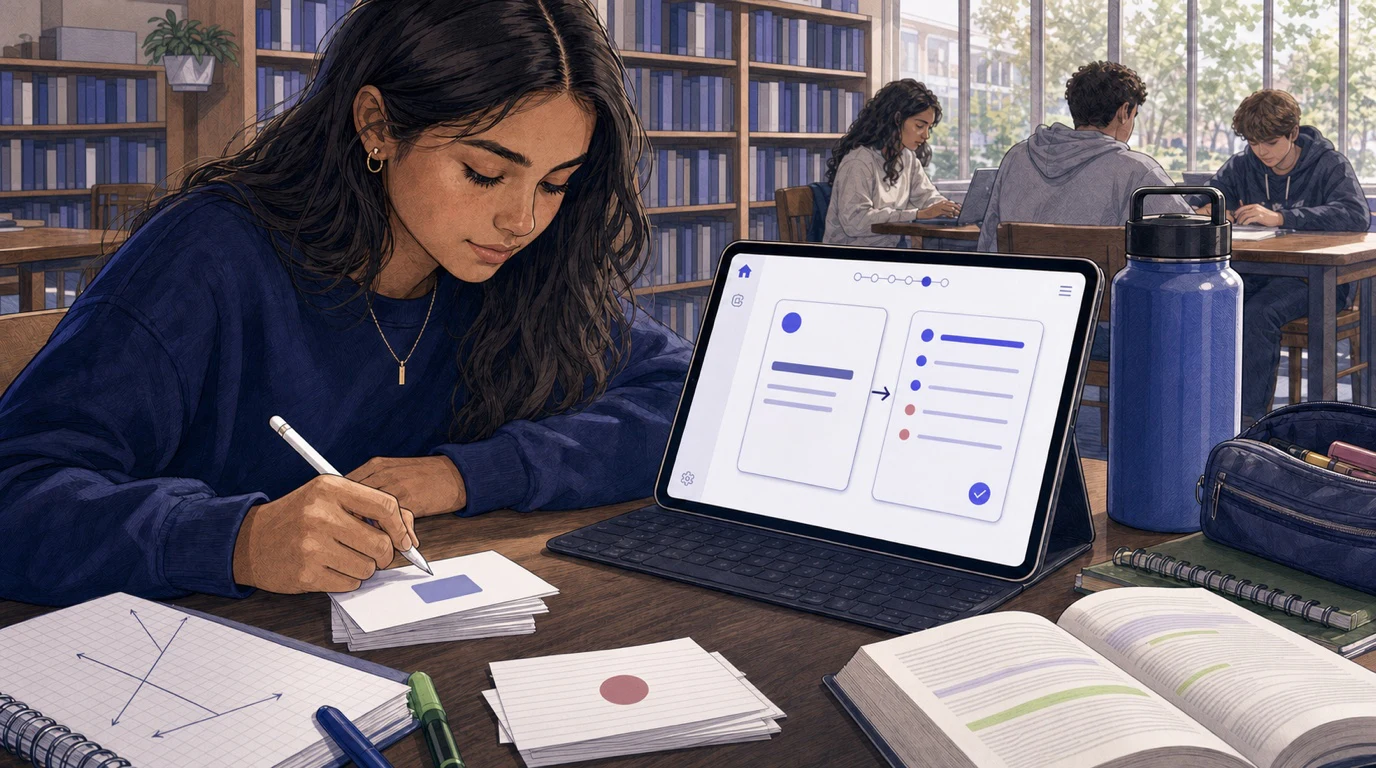 American high school student using SAT flashcards and a structured explanation view in a school library