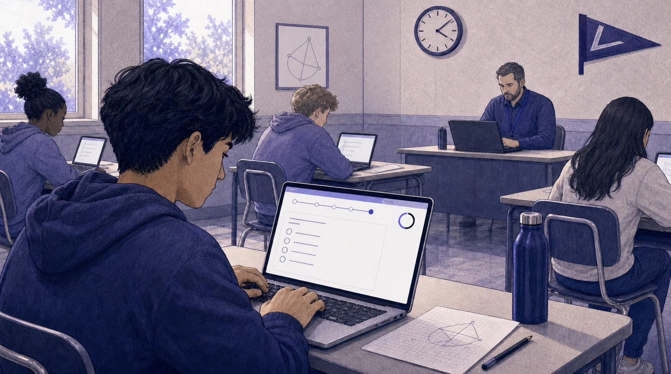 American high school students taking a timed full-length digital SAT mock exam in a quiet testing room