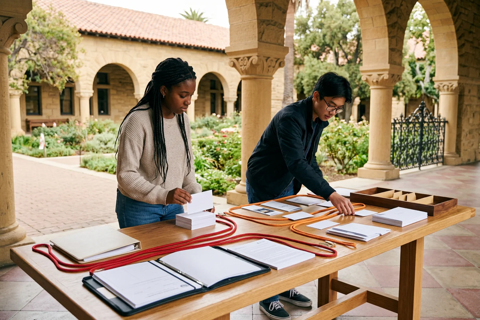 A wide editorial admissions-planning scene for Stanford using a campus-context model, separate policy folders, score-route objects, and an American high school counselor conversation without logos or visible text