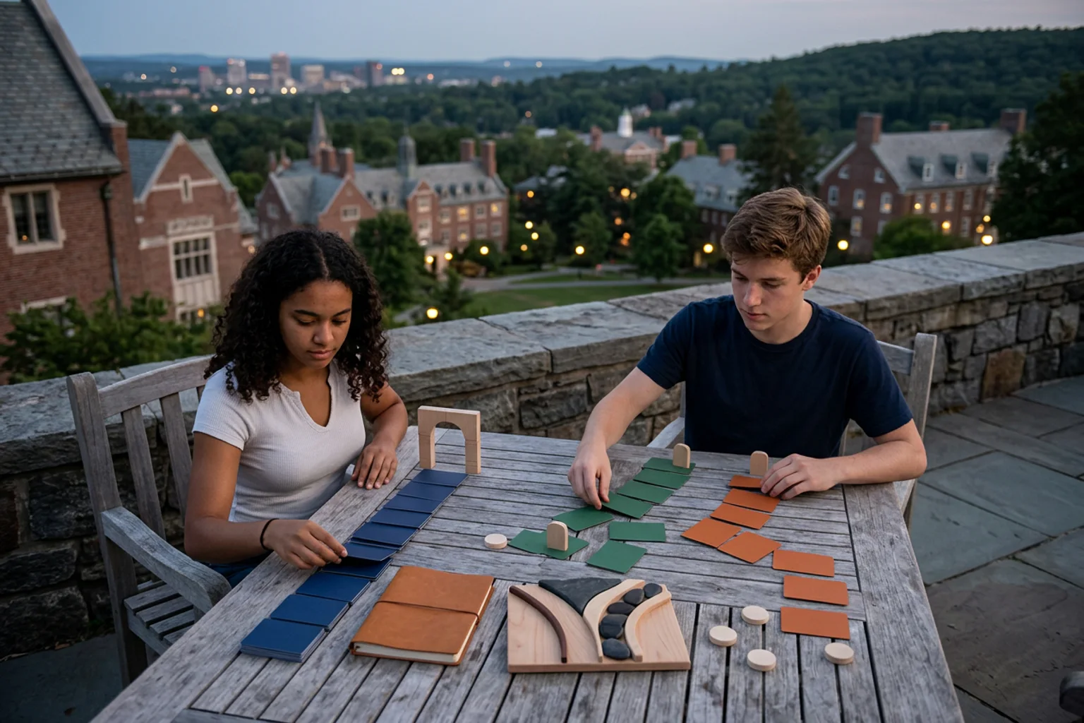 A wide editorial admissions-planning scene for Tufts using a campus-context model, separate policy folders, score-route objects, and an American high school counselor conversation without logos or visible text