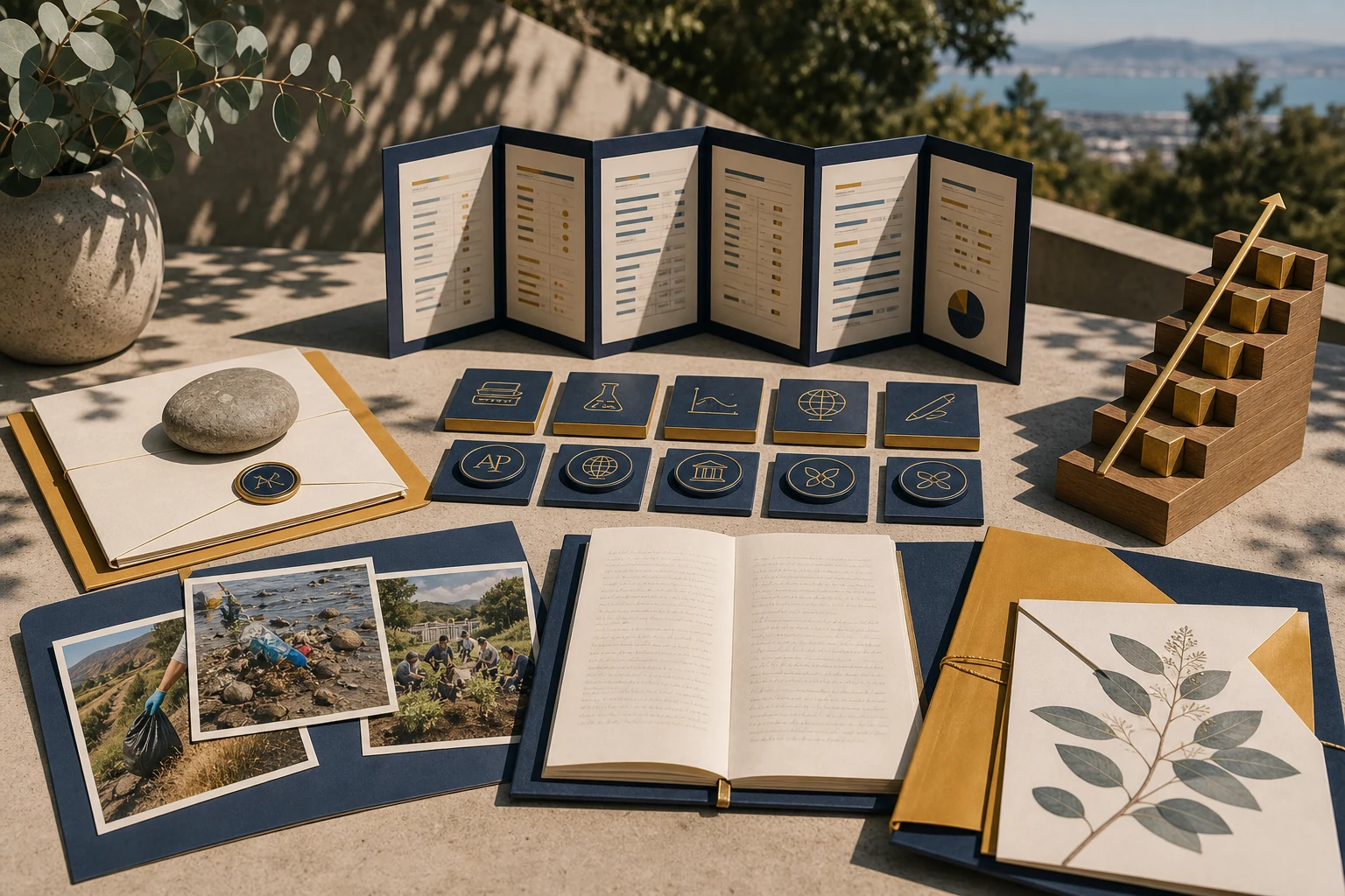 A sunlit Northern California outdoor admissions portfolio with rigorous-course tiles, advanced-exam tokens, community photos, an essay folio, GPA ladder, and a sealed test envelope set aside