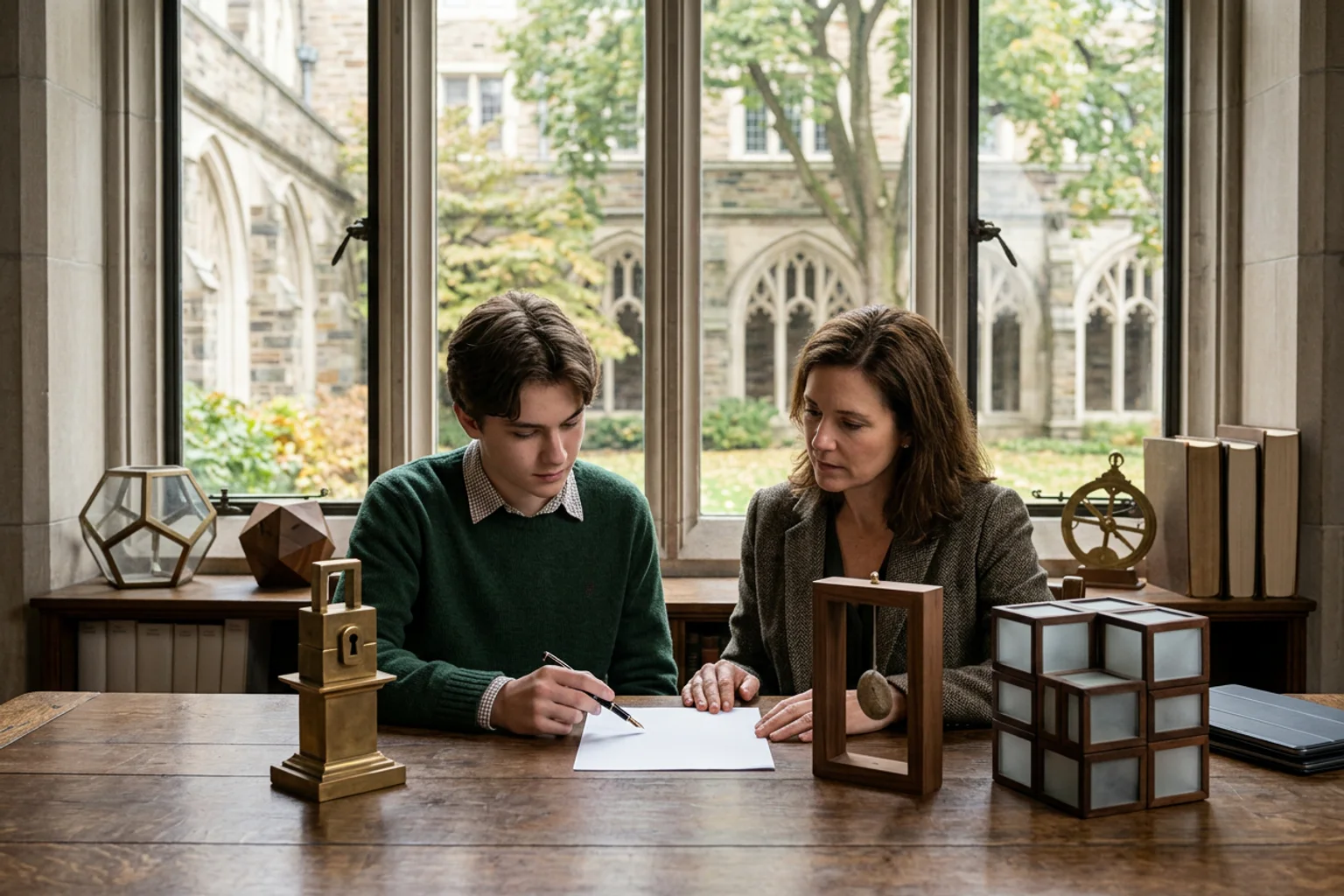 A wide editorial admissions-planning scene for University of Chicago using a campus-context model, separate policy folders, score-route objects, and an American high school counselor conversation without logos or visible text