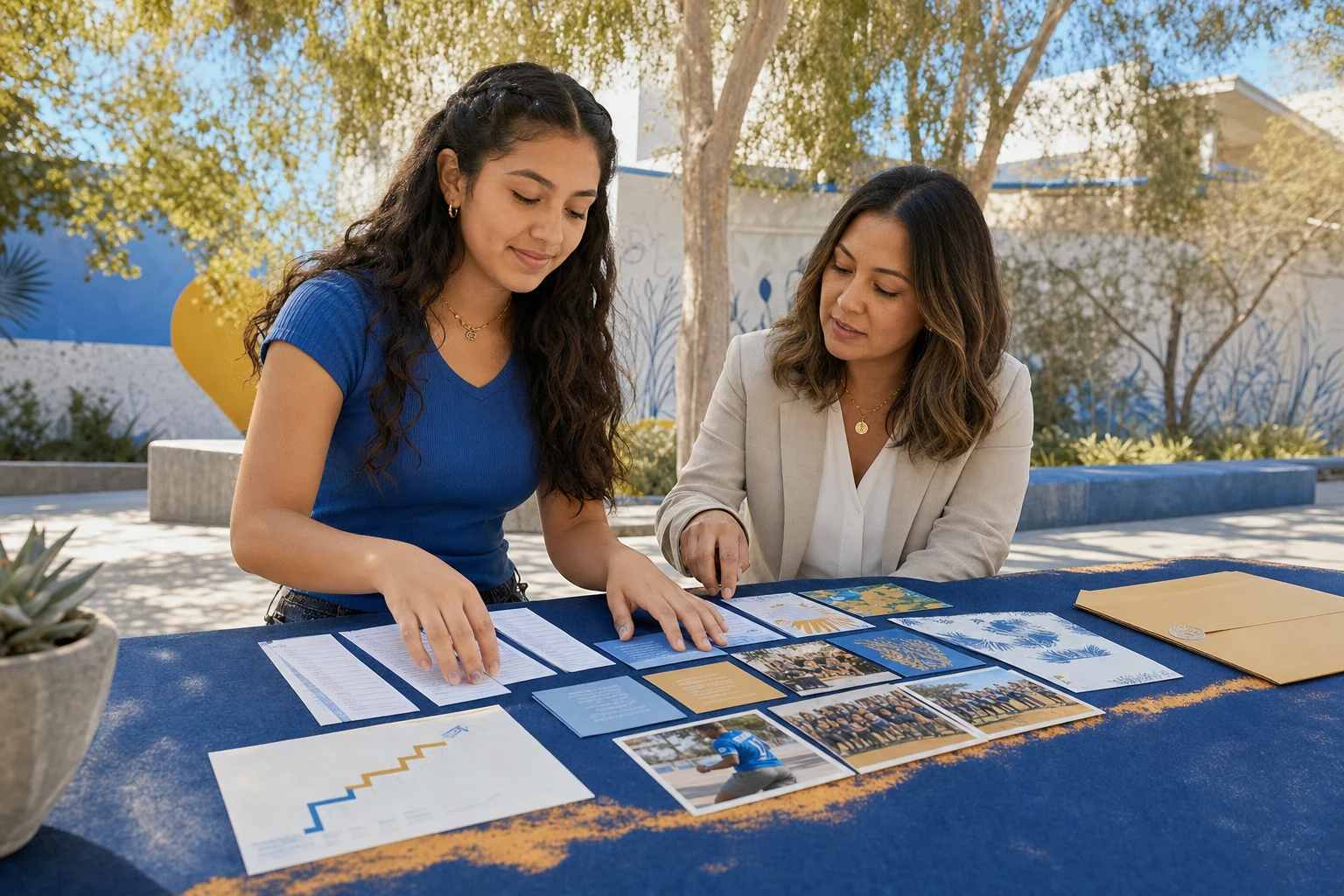 A Latina American high school student and counselor arranging a UCLA-style test-free application portfolio of courses, activities, personal insight cards, and a GPA path in a Southern California courtyard