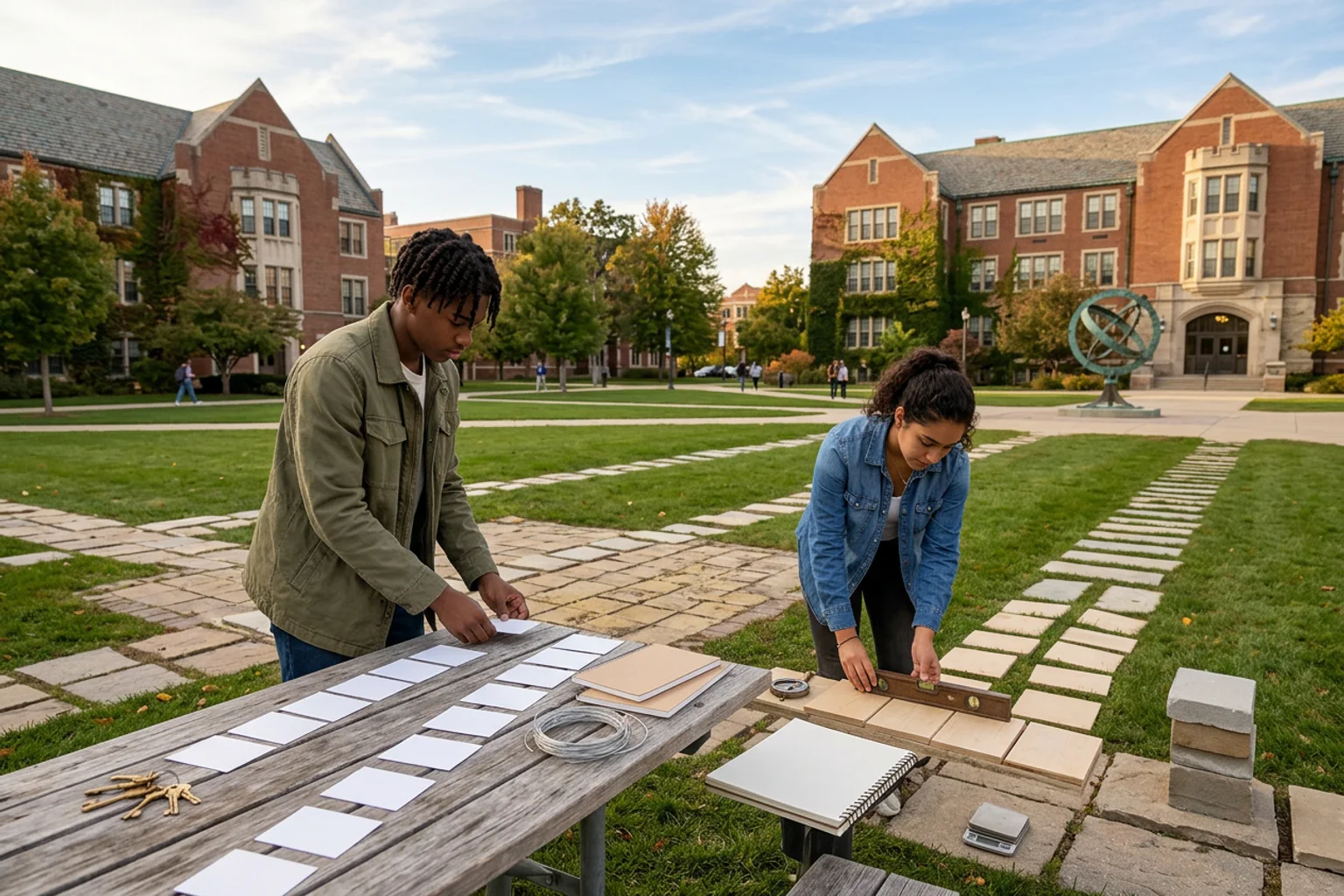A wide editorial admissions-planning scene for UIUC using a campus-context model, separate policy folders, score-route objects, and an American high school counselor conversation without logos or visible text