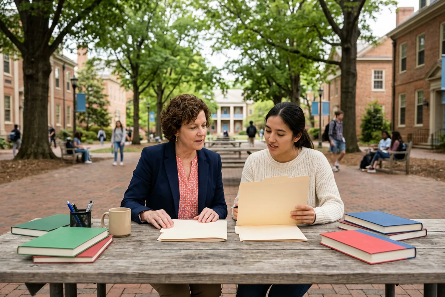 A wide editorial admissions-planning scene for UNC–Chapel Hill using a campus-context model, separate policy folders, score-route objects, and an American high school counselor conversation without logos or visible text