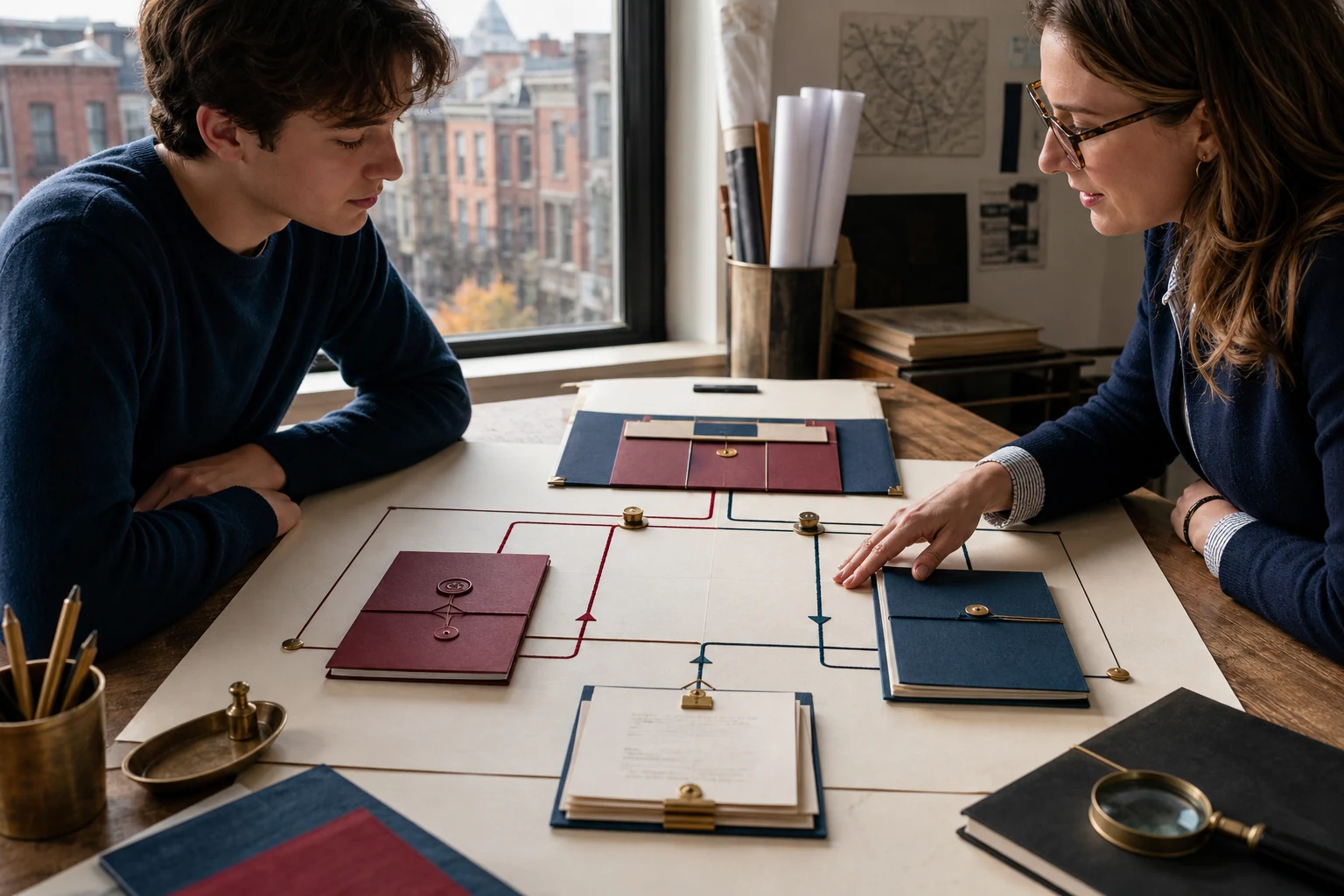 An American high school senior and counselor in a Philadelphia planning studio tracing a required score dossier route and a separate hardship context folder route into one broader academic portfolio