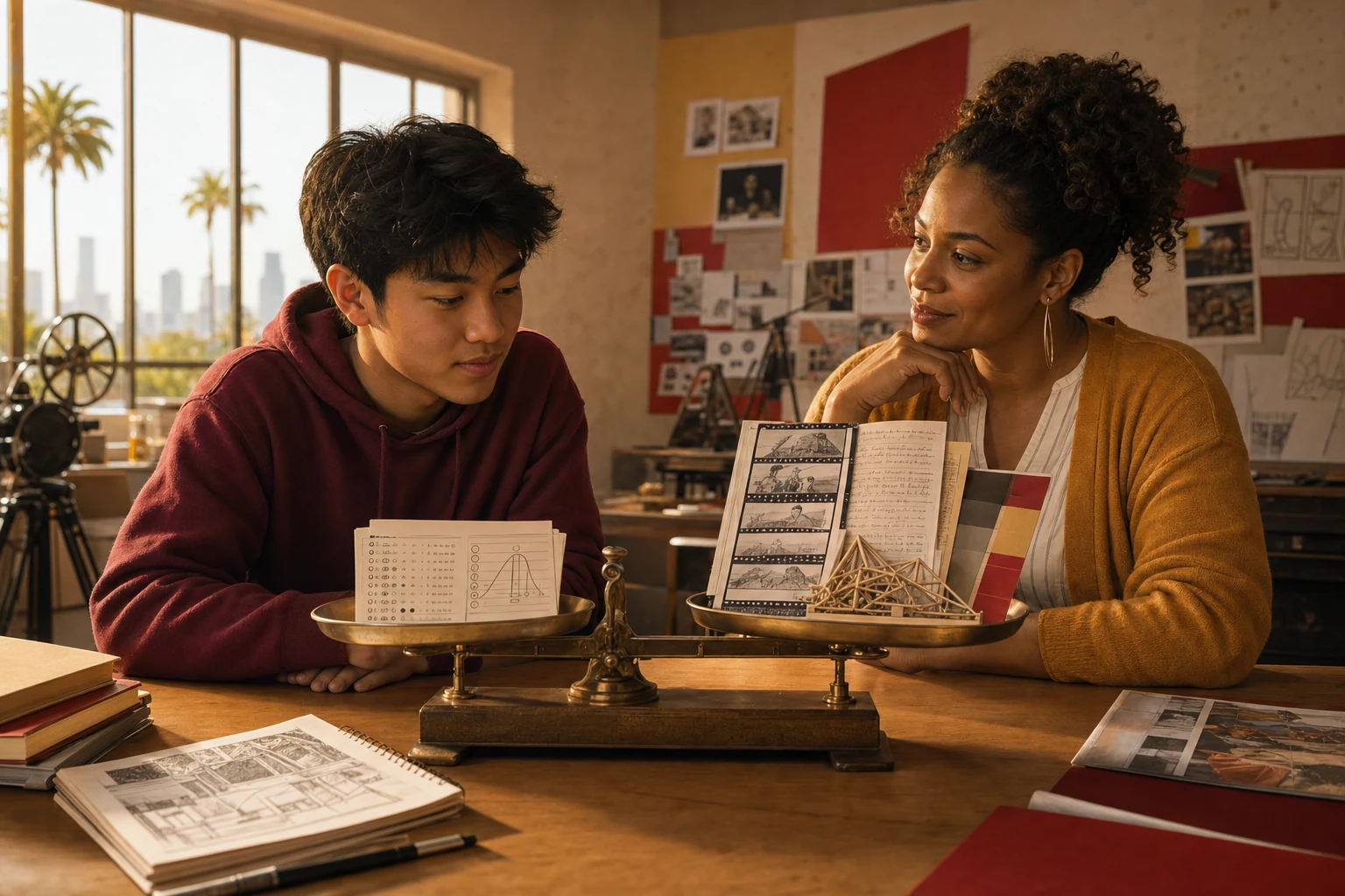 An Asian American student and Black counselor in a Los Angeles creative classroom weighing neutral test cards against film, engineering, writing, and course-rigor portfolio evidence
