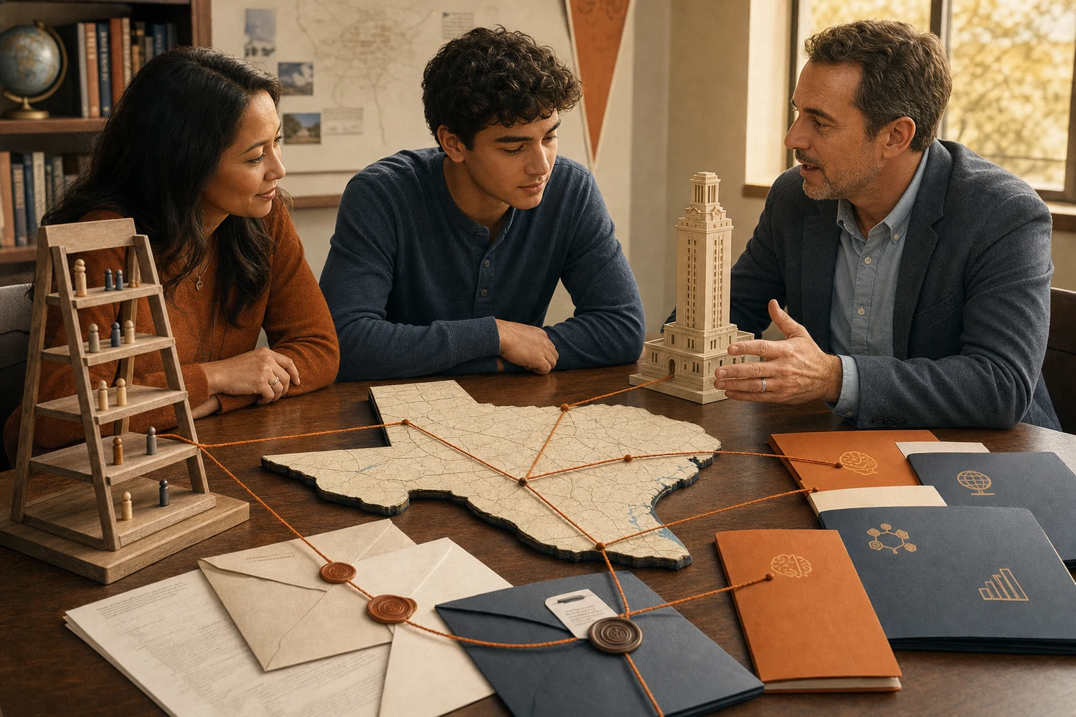 An American high school senior, parent, and counselor planning with a physical Texas map, class-rank ladder, sealed score reports, major folders, and burnt-orange route thread