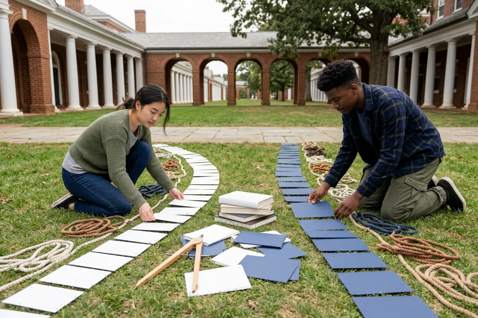 A wide editorial admissions-planning scene for UVA using a campus-context model, separate policy folders, score-route objects, and an American high school counselor conversation without logos or visible text
