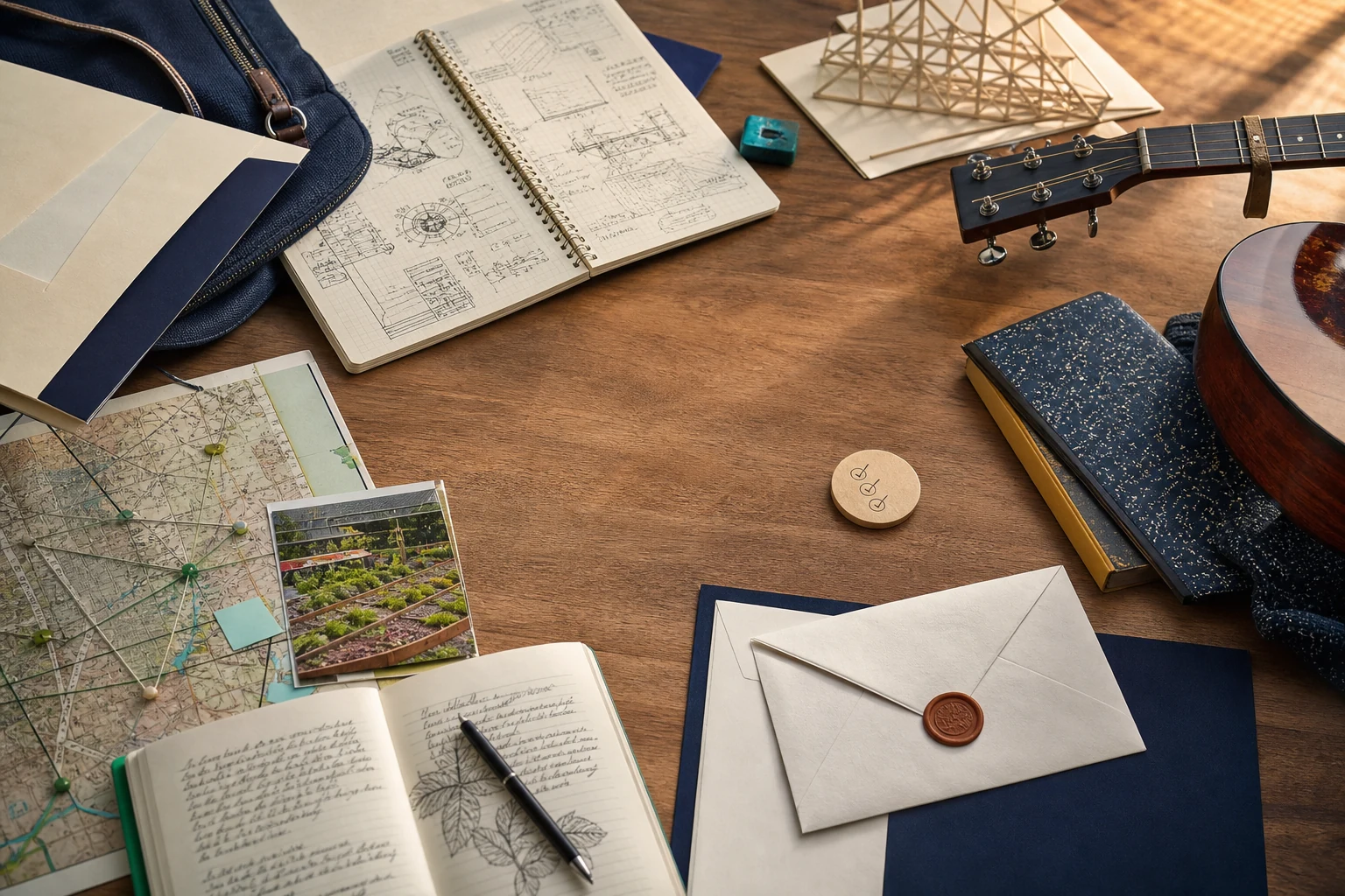 A Nashville high school application still life with a lab notebook, community project map, acoustic instrument, engineering sketch, recommendation envelope, and one removable neutral score token