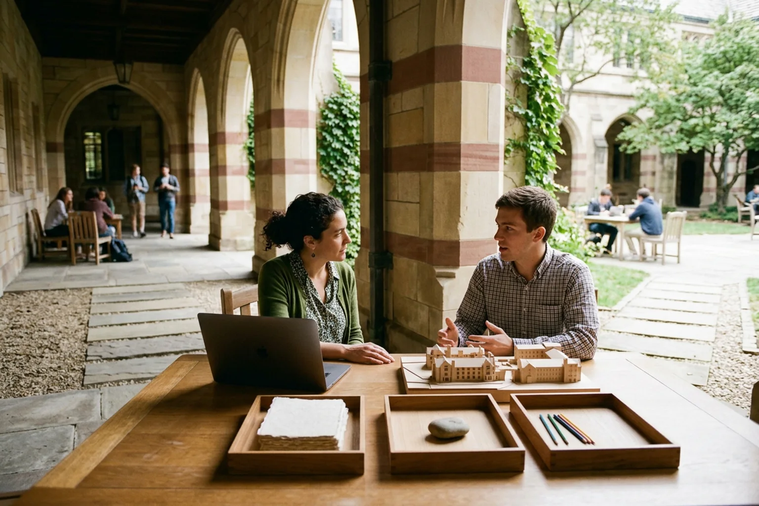 A wide editorial admissions-planning scene for WashU using a campus-context model, separate policy folders, score-route objects, and an American high school counselor conversation without logos or visible text
