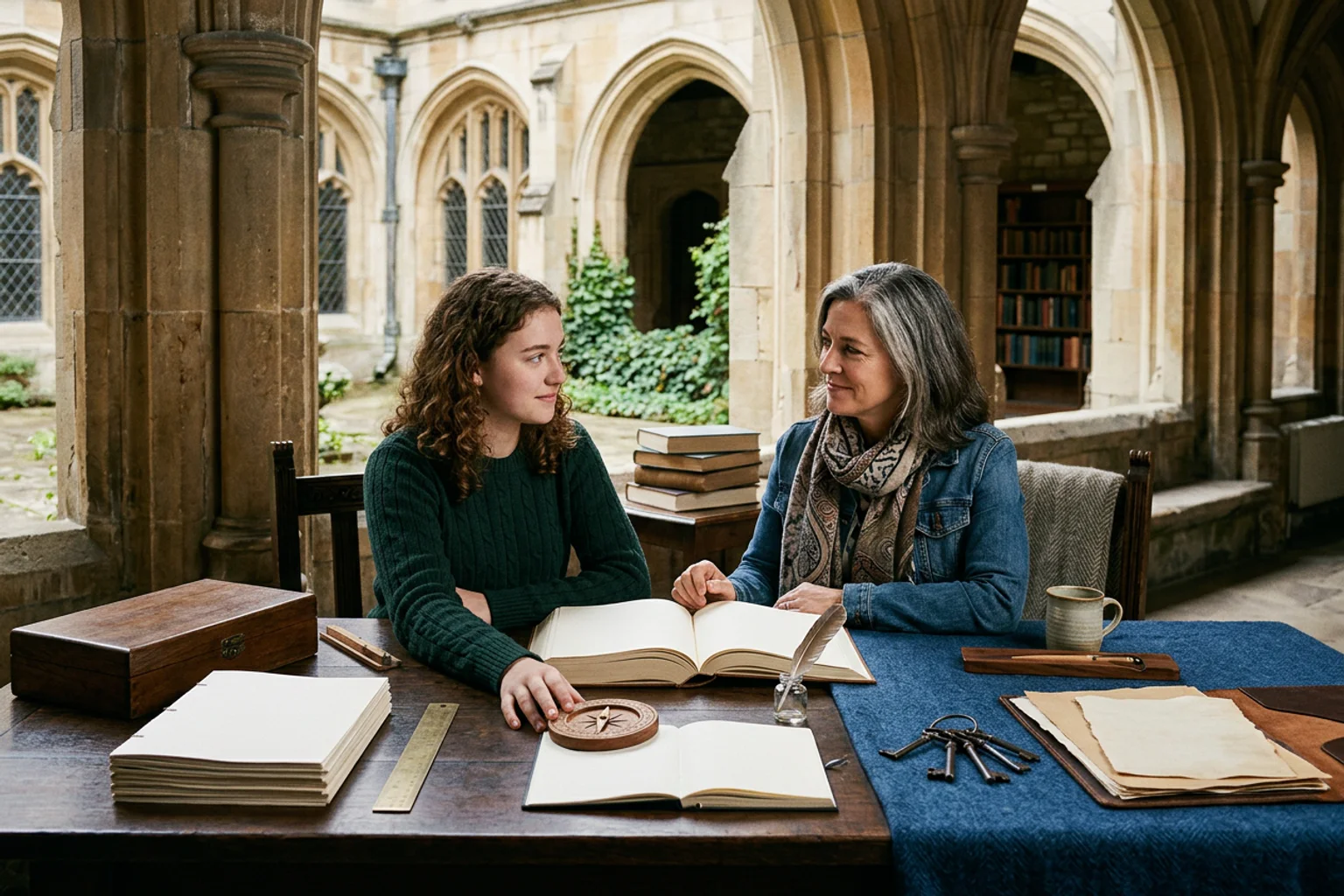 A wide editorial admissions-planning scene for Yale using a campus-context model, separate policy folders, score-route objects, and an American high school counselor conversation without logos or visible text