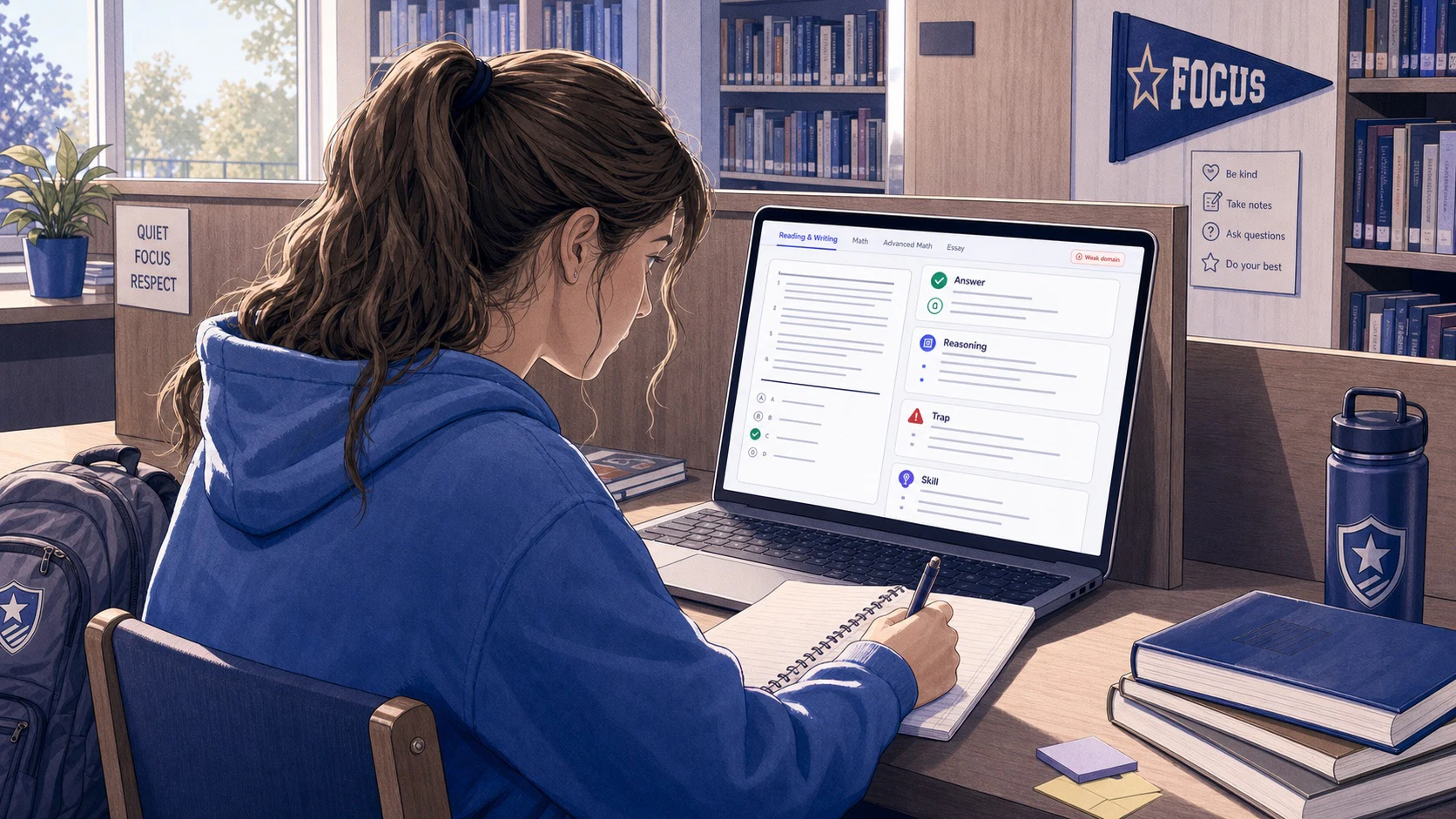 American high school student reviewing a structured SAT answer explanation in a school library