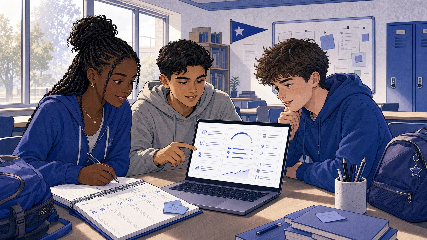 Three American high school students using a flexible SAT study dashboard after class